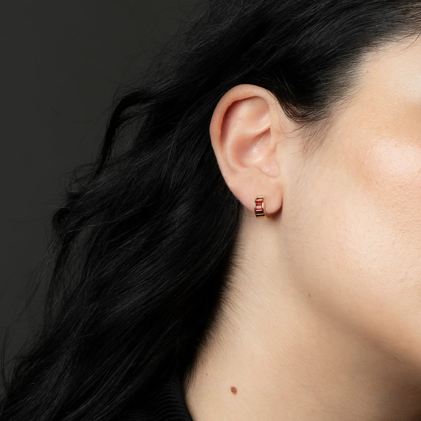 True Love | Baguette Huggie Earring | Garnet, Yellow Gold - Image 3