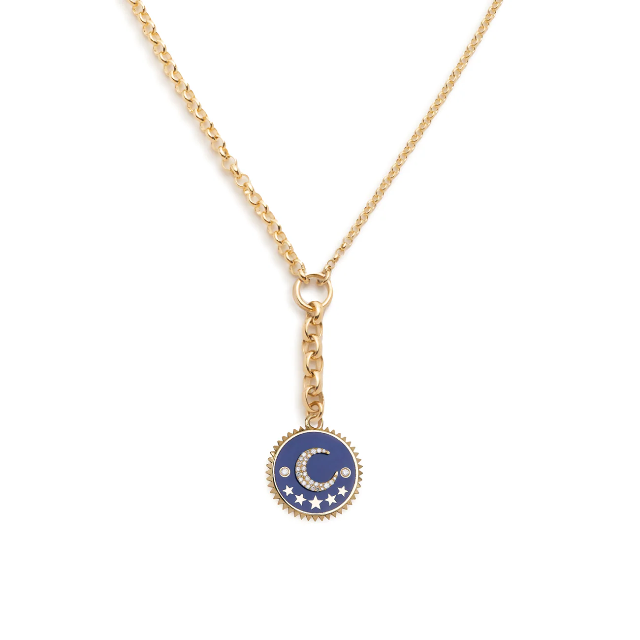 Infinite Gratitude | Crescent Medium Mixed Belcher Extension Necklace | Diamonds, Blue Ceramic, Yellow Gold