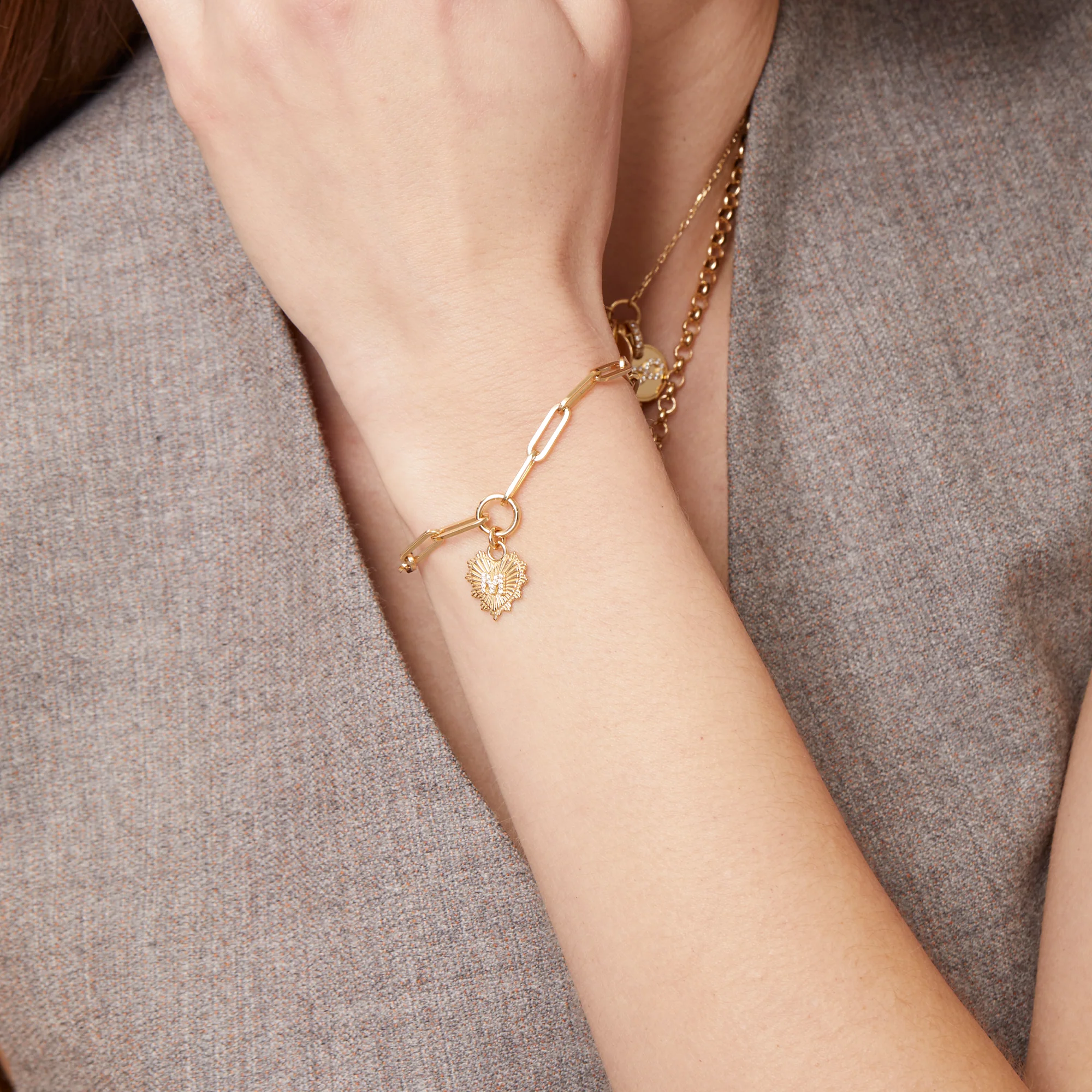 True Love - Personalized | Initial Heart Love Token Medium Clip Bracelet | Diamonds, Yellow Gold - Image 2