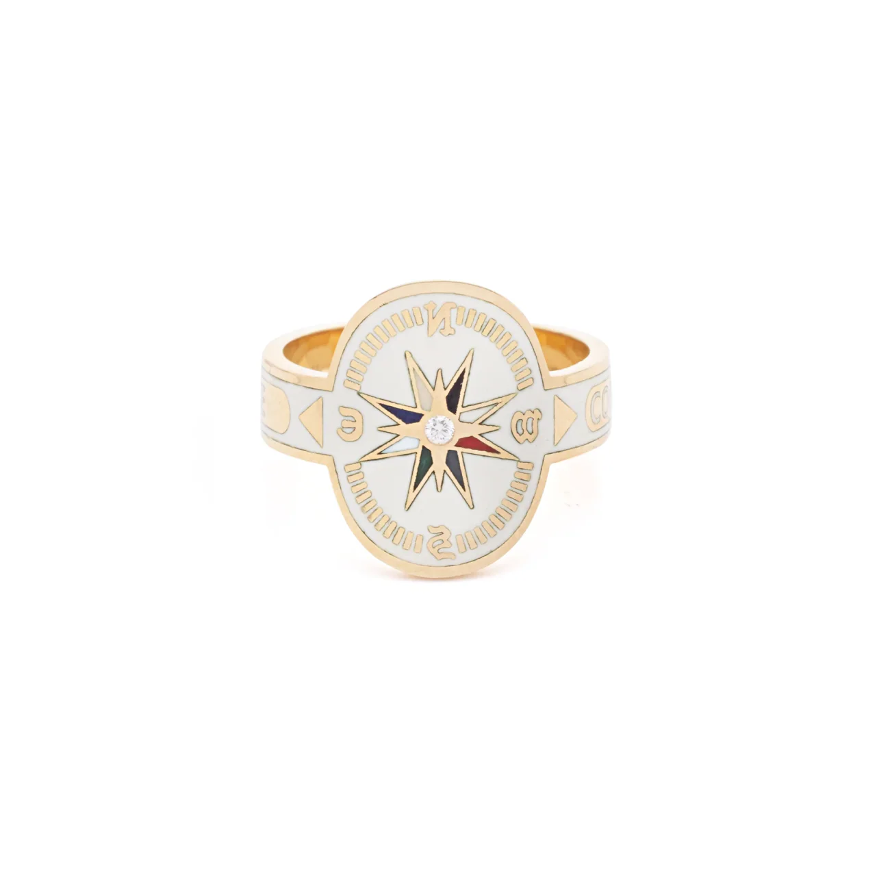 Internal Compass | Cigar Band | Cream Ceramic, Diamond, Yellow Gold