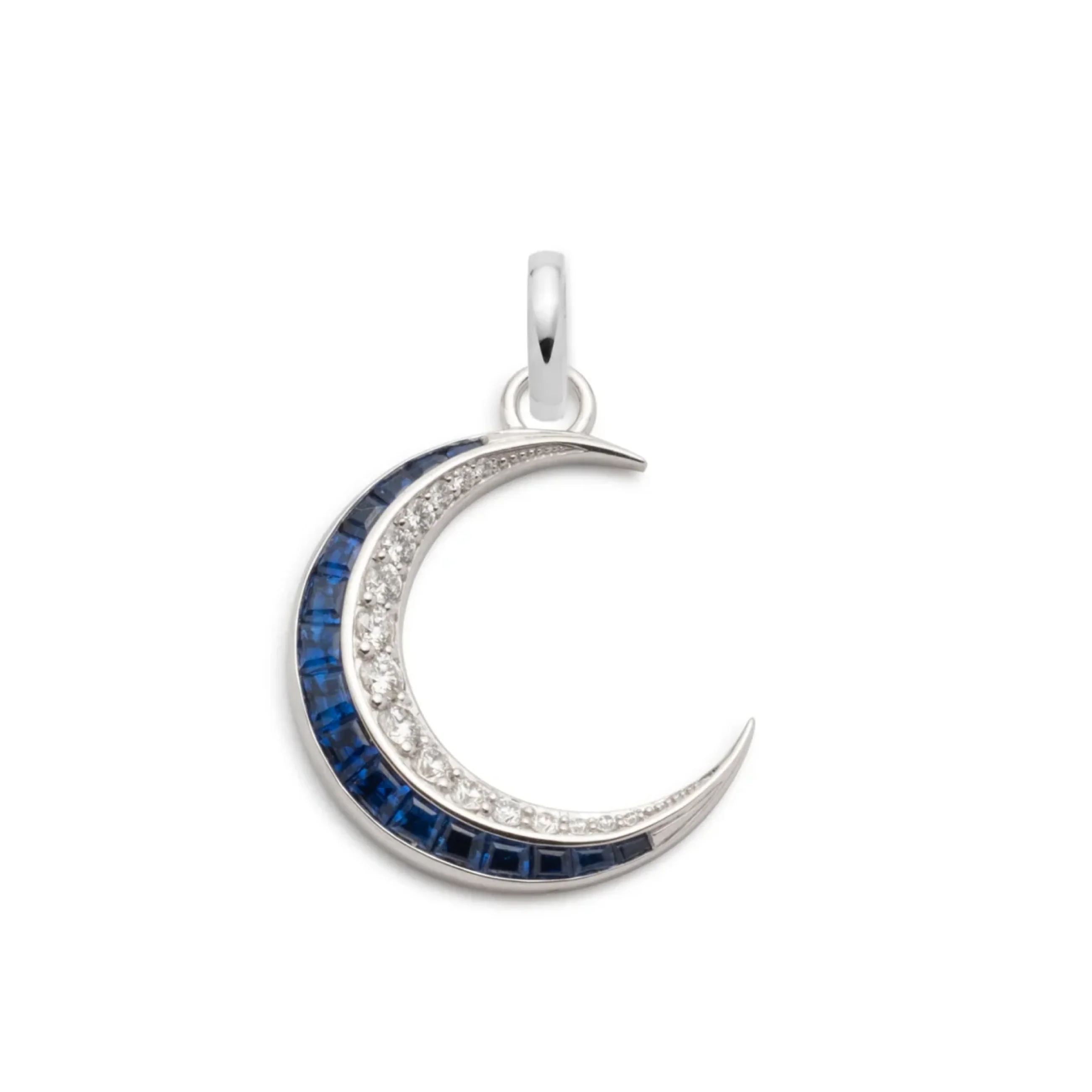 Infinite Gratitude | Gemstone Crescent Pendant | Diamonds, Blue Sapphire, White Gold