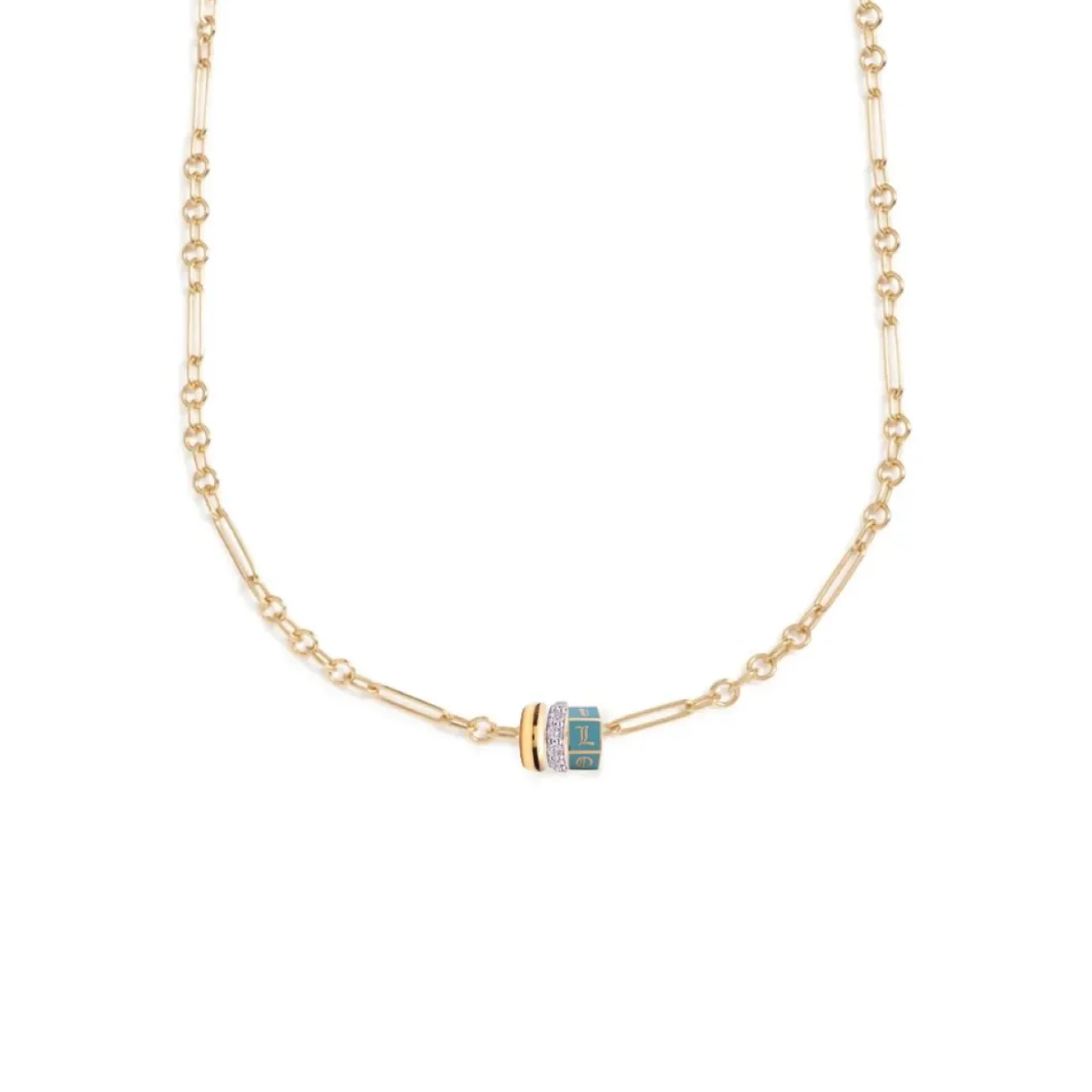 True Love | Ceramic 'I Love U' Faceted and Baguette Heart Beats Fine Clip Necklace | Diamonds, Aqua Ceramic, Yellow Gold