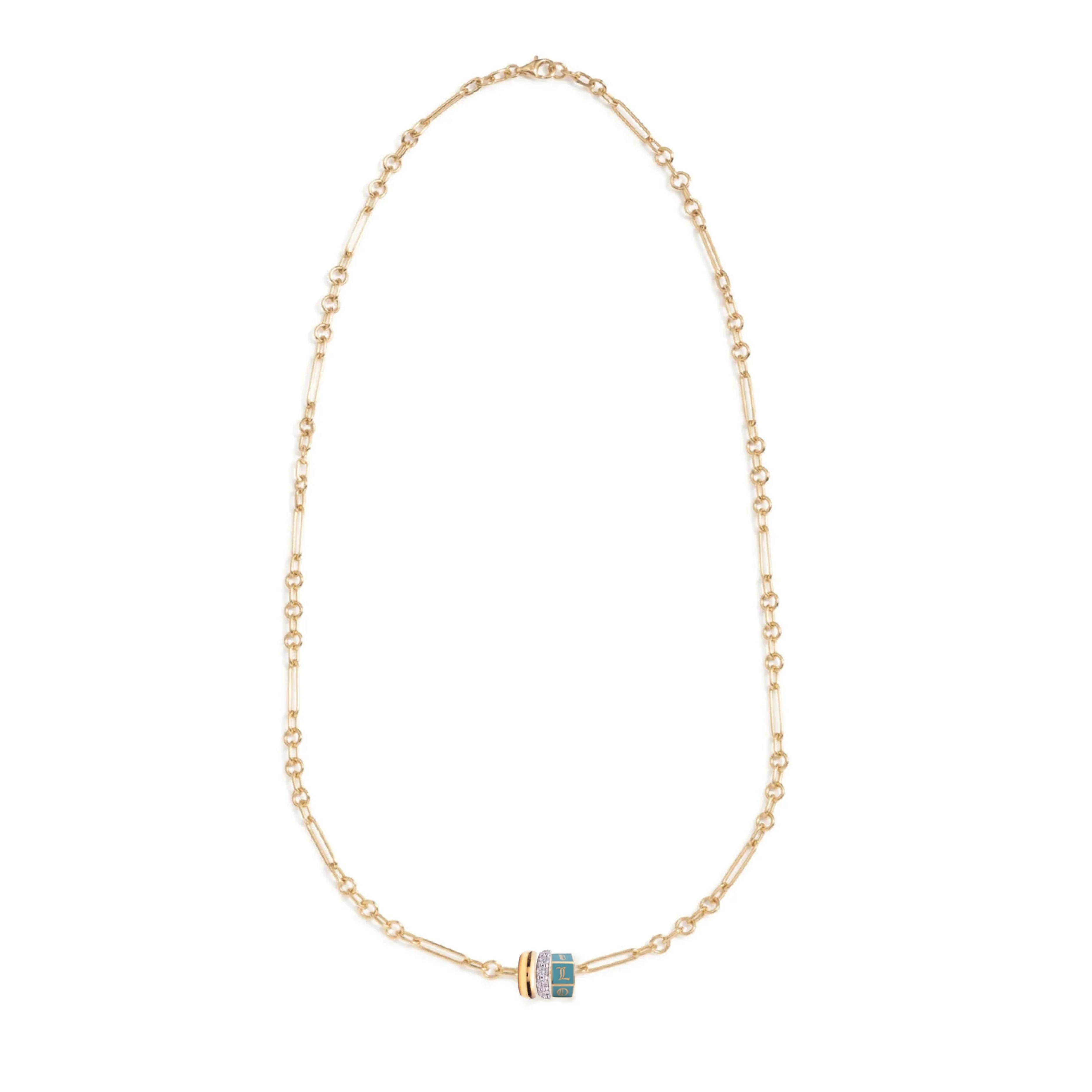 True Love | Ceramic 'I Love U' Faceted and Baguette Heart Beats Fine Clip Necklace | Diamonds, Aqua Ceramic, Yellow Gold - Image 2