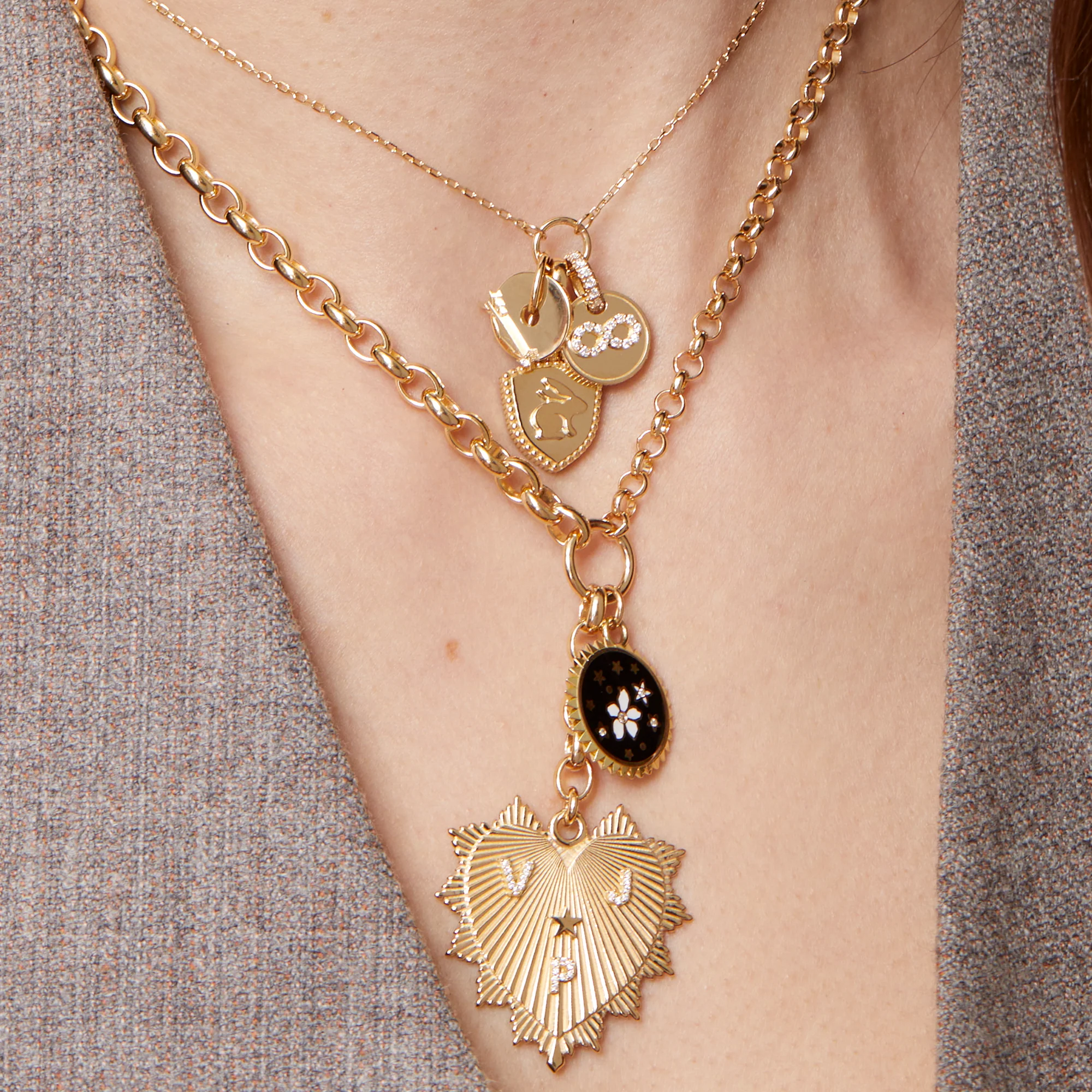 Personalized - True Love | Custom Heart Love Token and Ceramic Blossoms Heavy Mixed Belcher Extension Necklace | Diamonds, Black Ceramic, Yellow Gold - Image 3