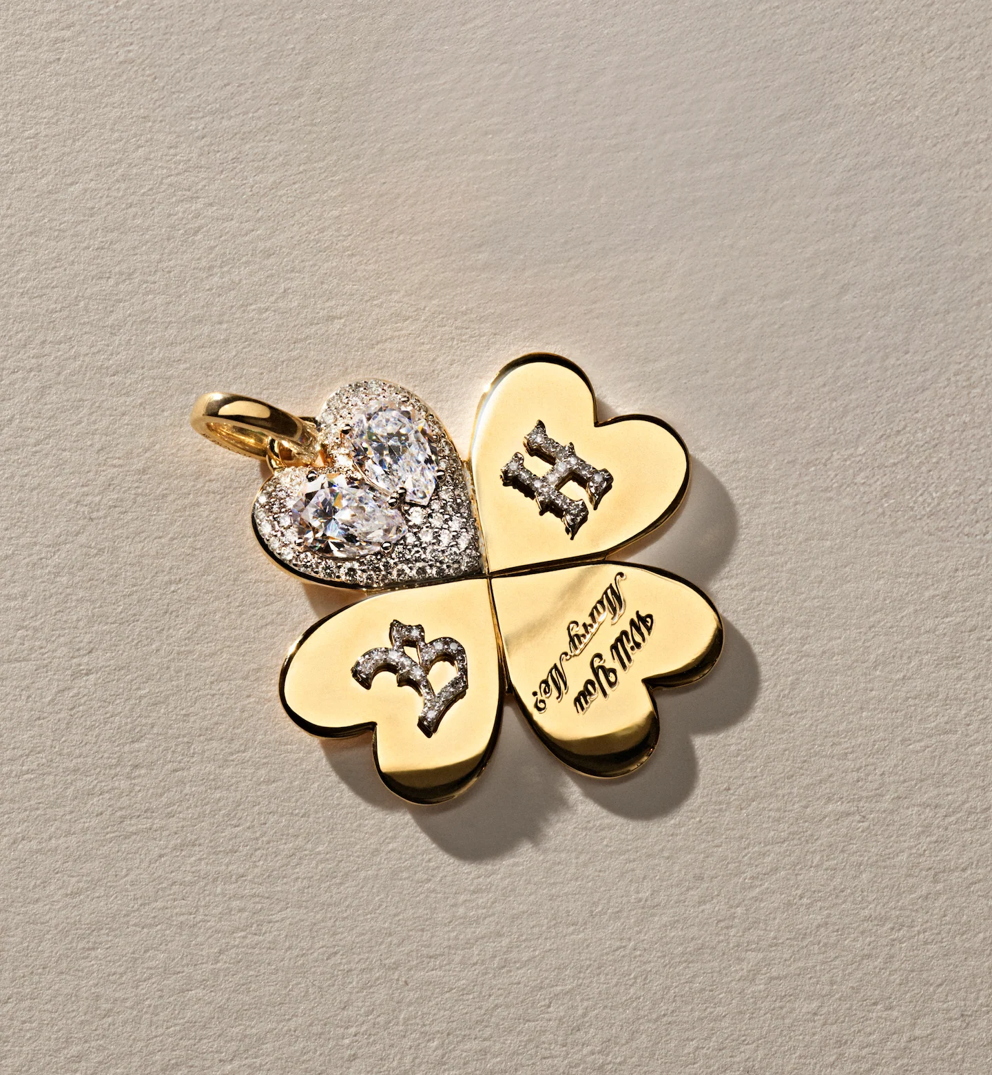 Personalized - True Love | Custom 'Will You Marry Me' Four Heart Clover Large Pendant | Diamonds, Yellow Gold - Image 3