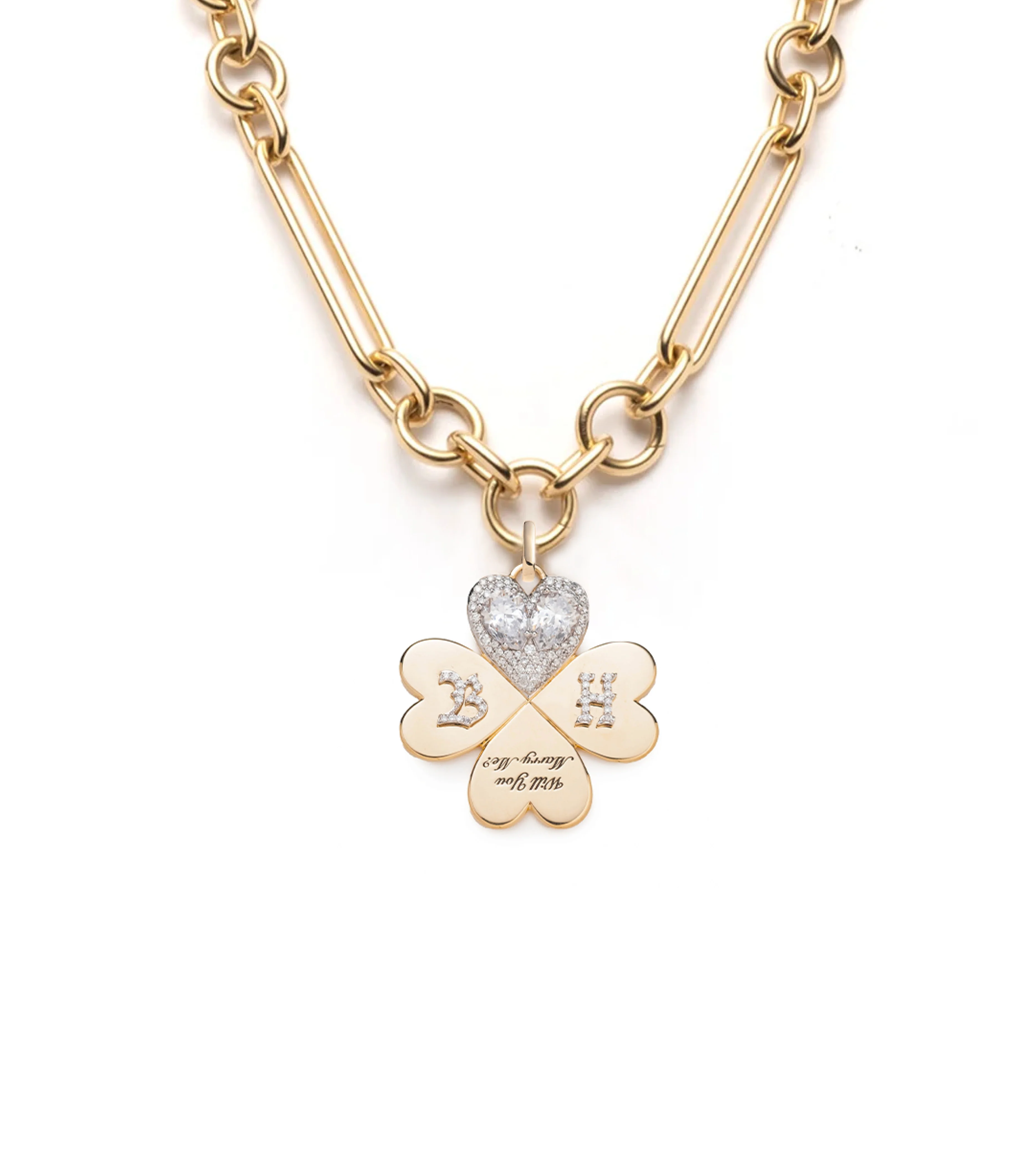 Personalized - True Love | Custom 'Will You Marry Me' Four Heart Clover Oversized Mixed Clip Necklace | Diamonds, Yellow Gold
