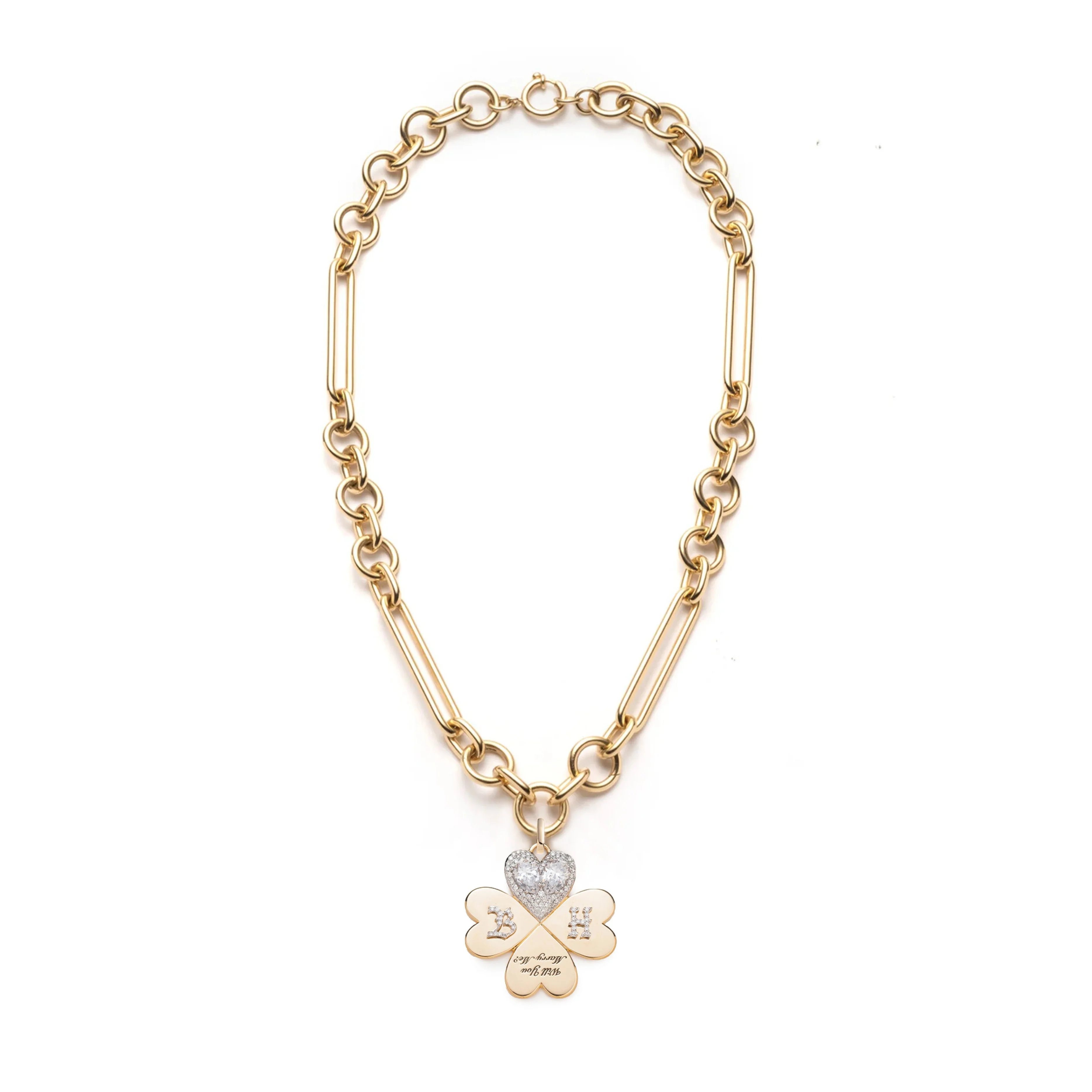 Personalized - True Love | Custom 'Will You Marry Me' Four Heart Clover Oversized Mixed Clip Necklace | Diamonds, Yellow Gold - Image 2