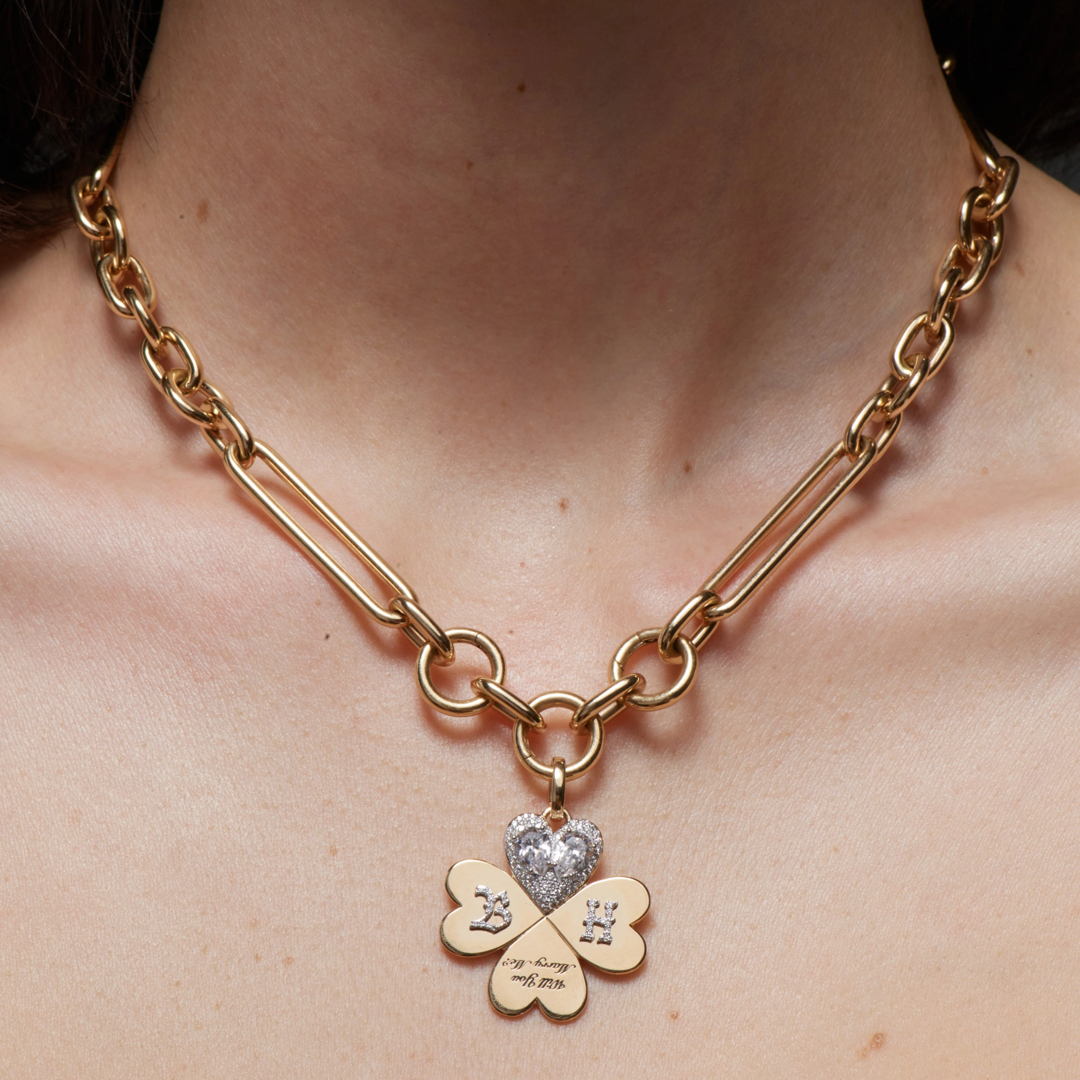 Personalized - True Love | Custom 'Will You Marry Me' Four Heart Clover Oversized Mixed Clip Necklace | Diamonds, Yellow Gold - Image 3