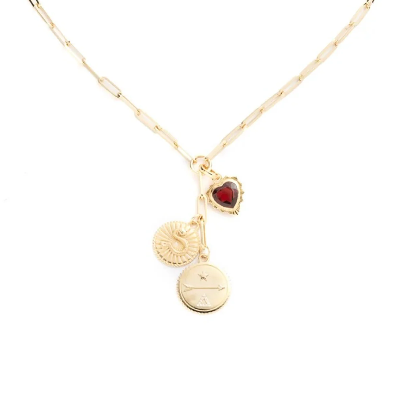 Dream - Wholeness | Snake and Gemstone Heart Medium Clip Extension Necklace | Diamonds, Garnet, Yellow Gold