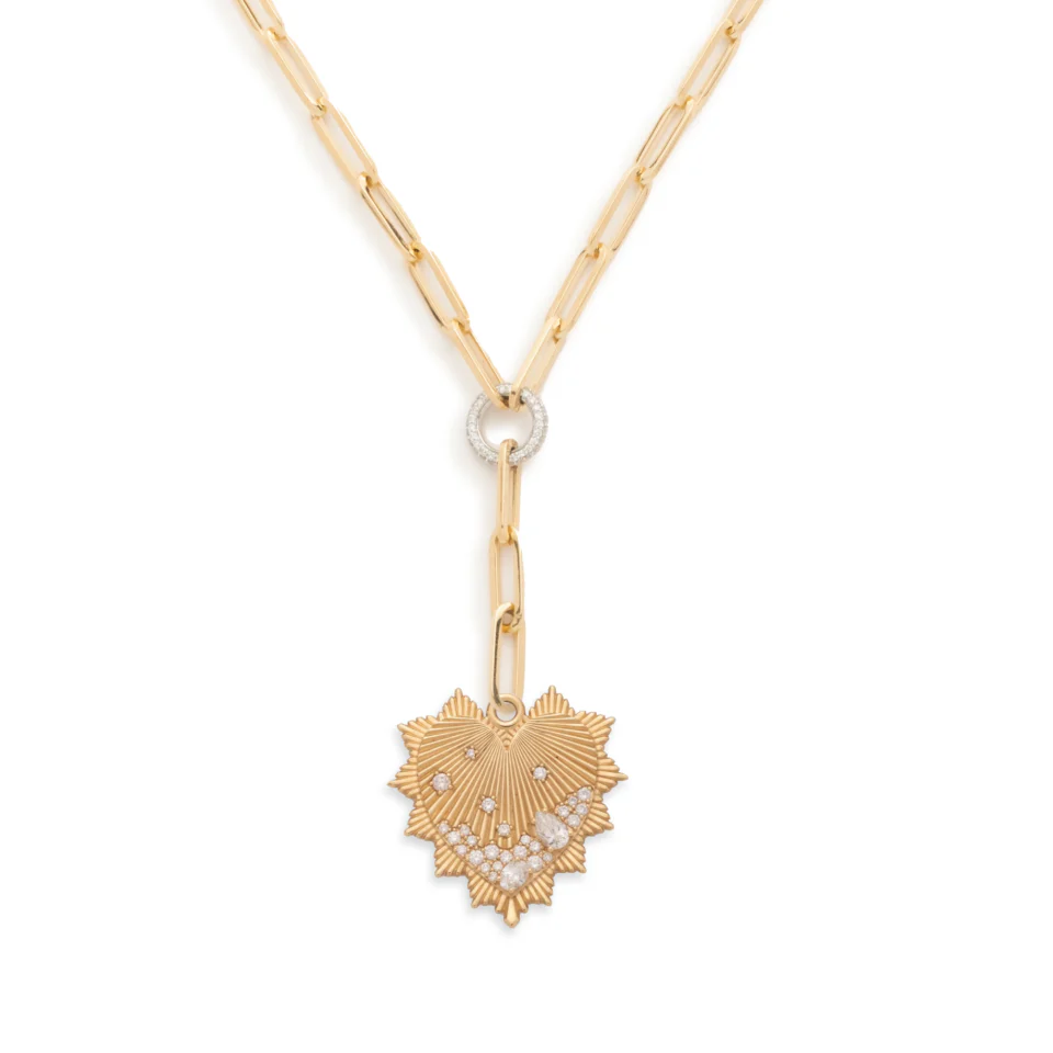 True Love | Encrusted Heart Love Token Medium Clip Extension Necklace | Diamonds, Yellow Gold - Image 2