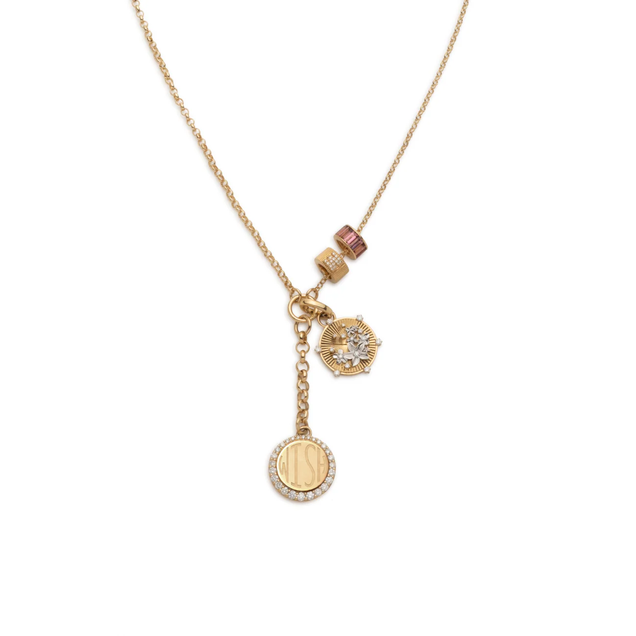 Personalized - Resilience | Pavé Engravable and Initial Small Mixed Belcher Extension Necklace | Diamonds, Pink Tourmaline, Mixed Gold