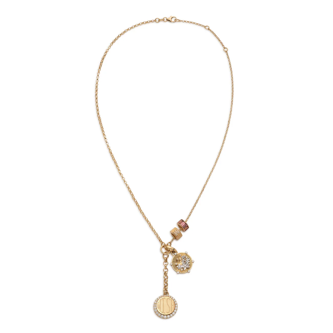 Personalized - Resilience | Pavé Engravable and Initial Small Mixed Belcher Extension Necklace | Diamonds, Pink Tourmaline, Mixed Gold - Image 3