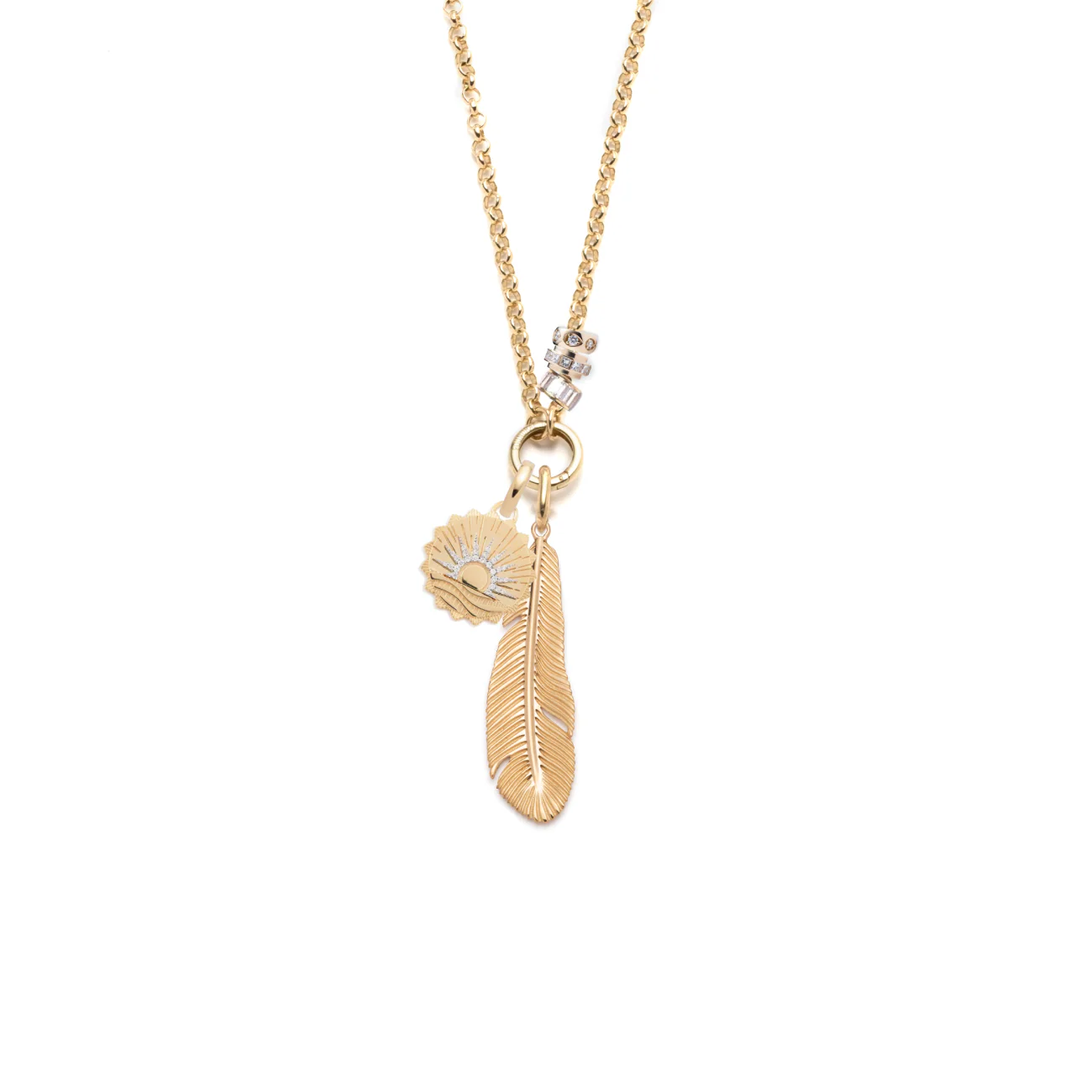 Vivacity - Internal Compass | Feather and New Beginnings Medium Belcher Open Chain | Diamonds, Yellow Gold