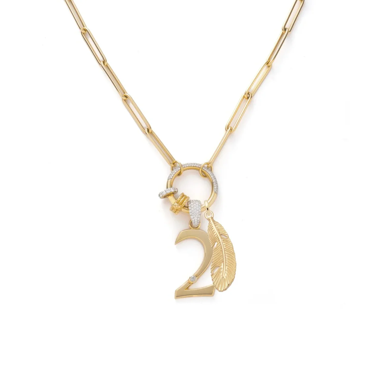 Personalized - Vivacity | Engravable Number and Feather Large Clip Open Chain | Diamonds, Yellow Gold