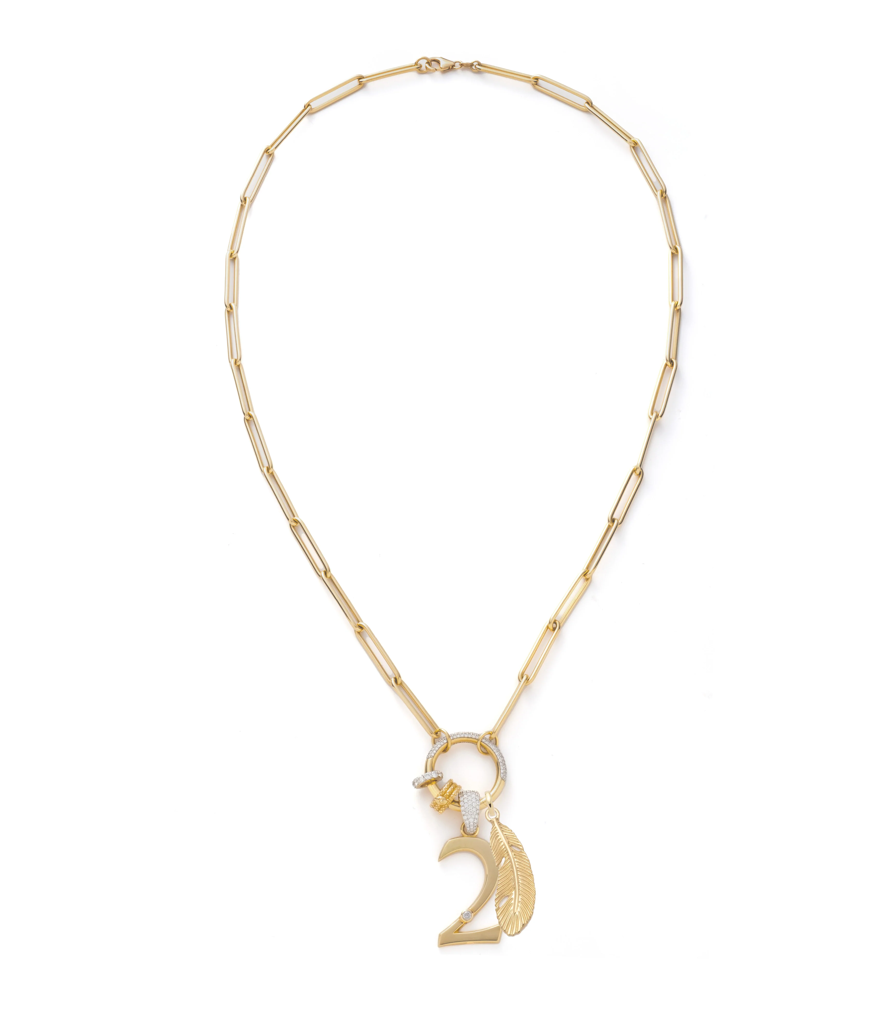 Personalized - Vivacity | Engravable Number and Feather Large Clip Open Chain | Diamonds, Yellow Gold - Image 2