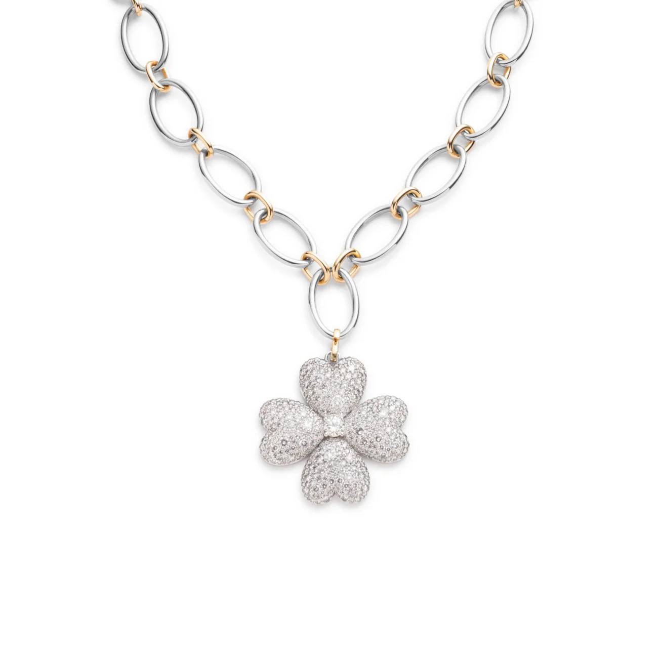True Love | Snow Pavé Four Heart Clover Oval Link Necklace | Diamonds, Mixed Gold