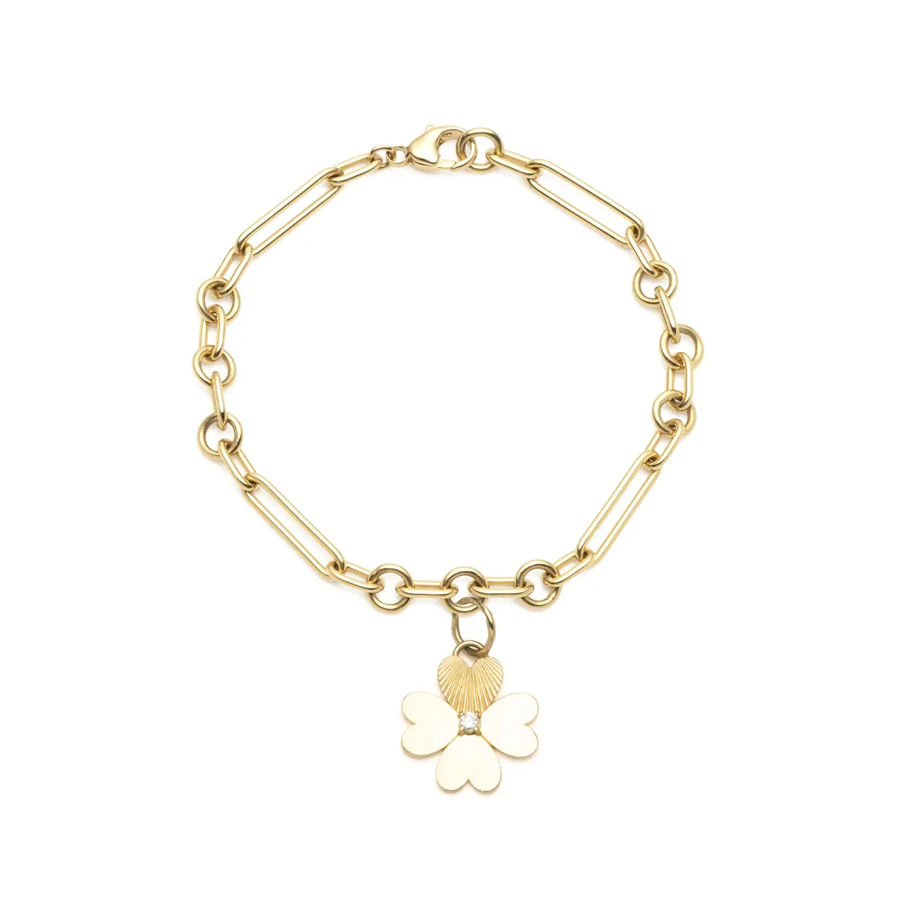 True Love - Personalized | Engravable Four Heart Clover Small Mixed Clip Bracelet | Diamond, Yellow Gold