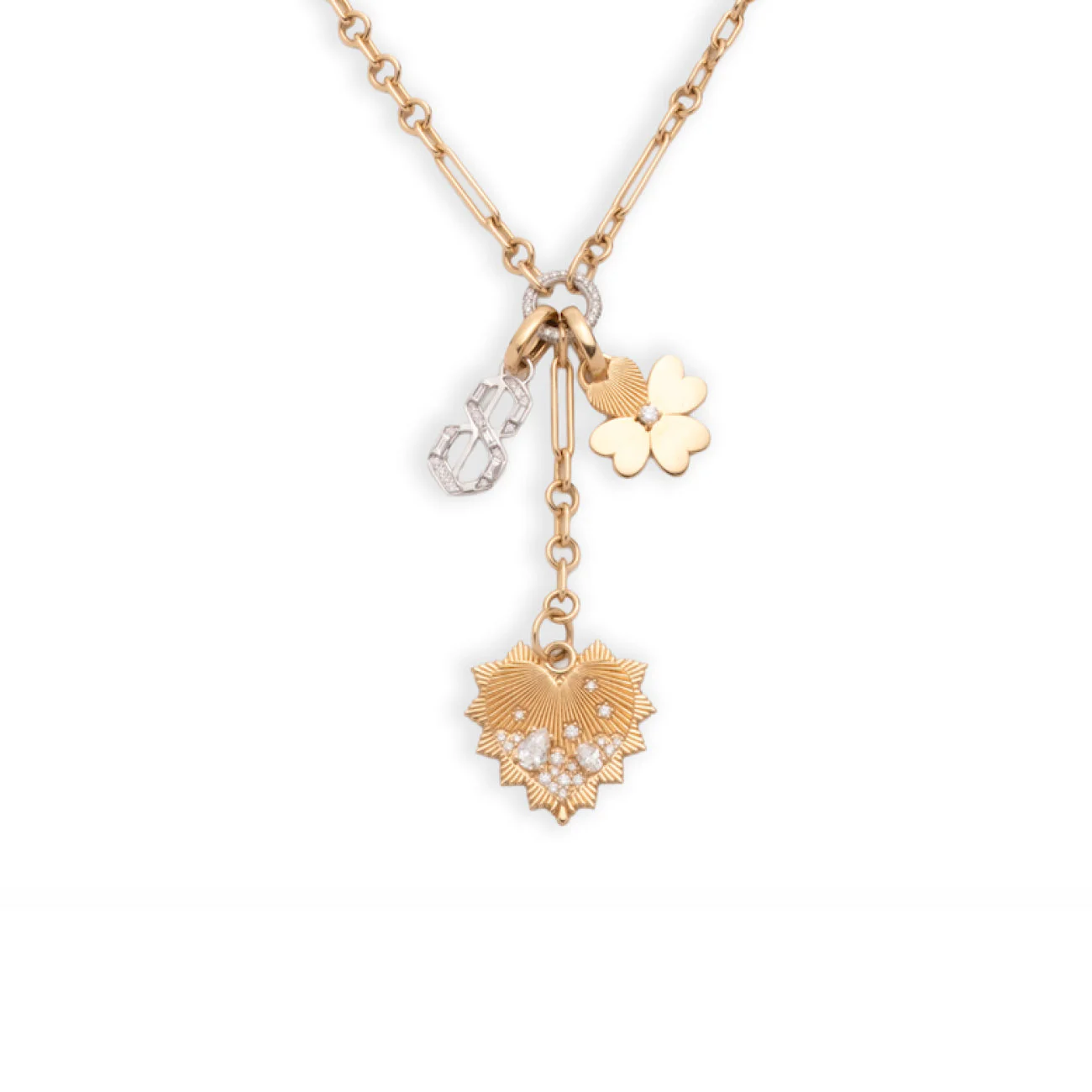 Personalized - True Love | Encrusted Heart Love Token and Engravable Clover Fine Mixed Clip Extension Necklace | Diamonds, Mixed Gold