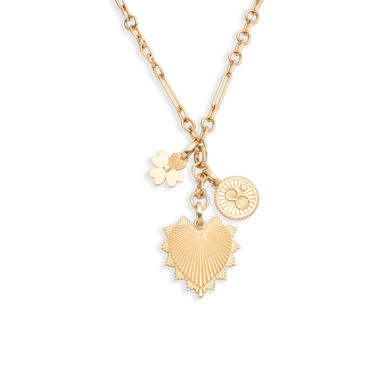 Personalized - True Love | Heart Love Token and Engravable Clover Small Mixed Clip Extension Necklace | Diamonds, Yellow Gold