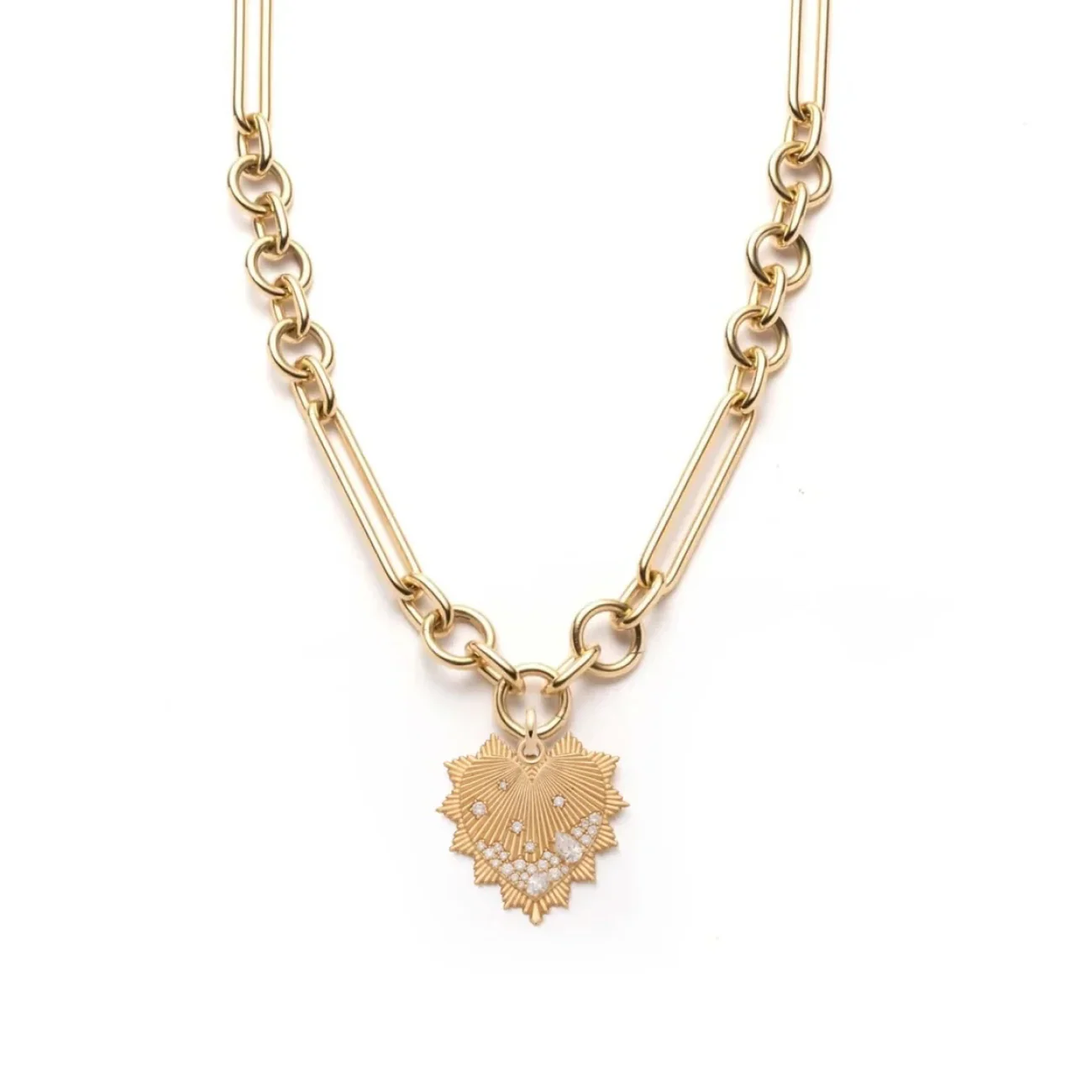 True Love | Encrusted Heart Love Token Oversized Mixed Clip Necklace | Diamonds, Yellow Gold