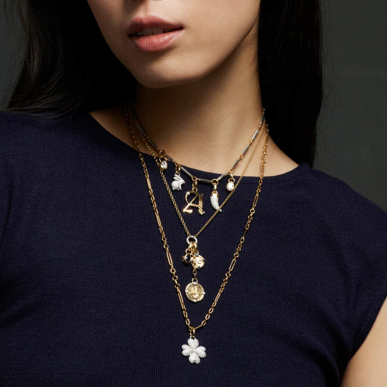 Personalized - Foundation | Initial and Snow Pavé Element Necklace | Diamonds, Mixed Gold - Image 2