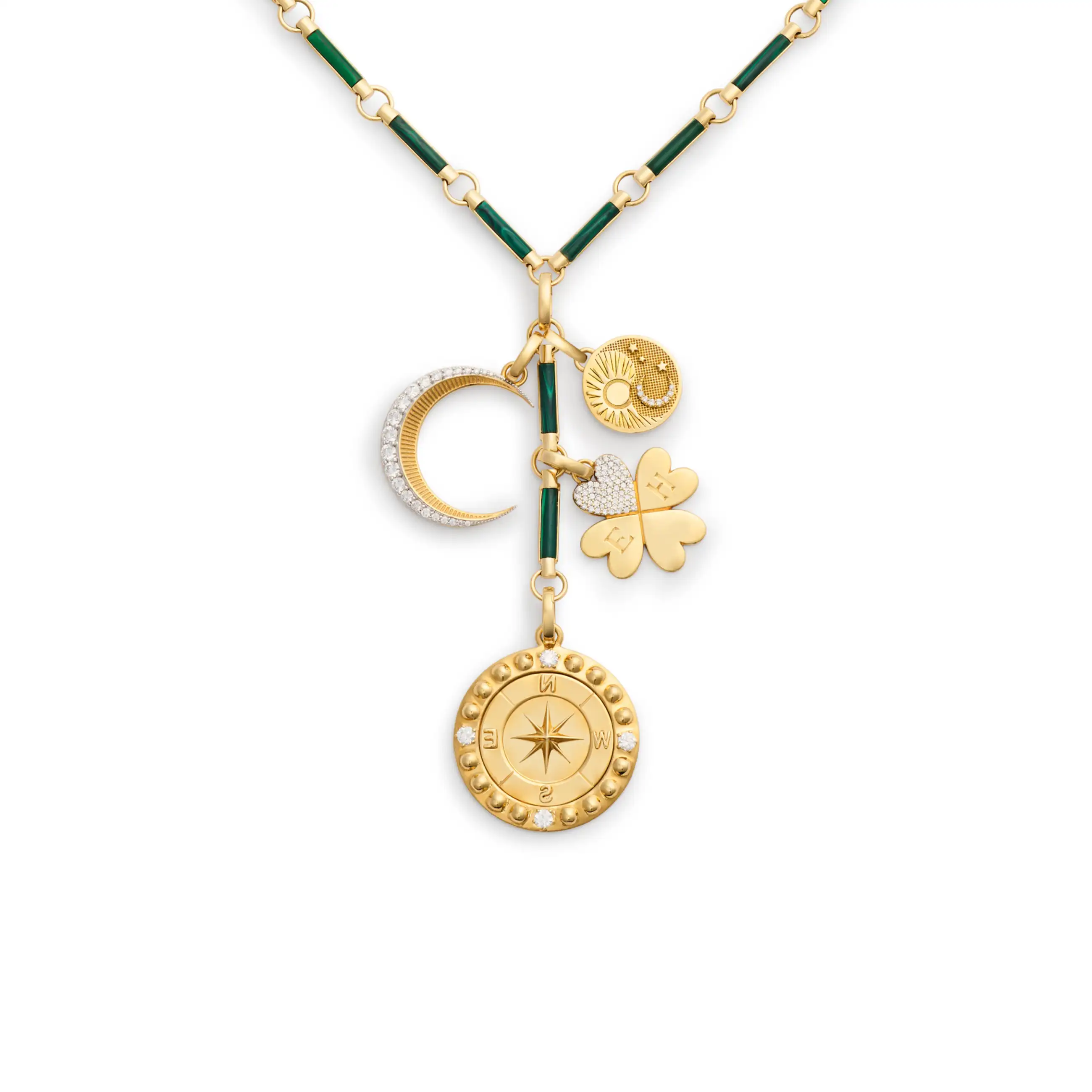 Personalized - Internal Compass | Engravable Four Heart Clover and Crescent Element Extension Necklace | Diamonds, Malachite, Yellow Gold