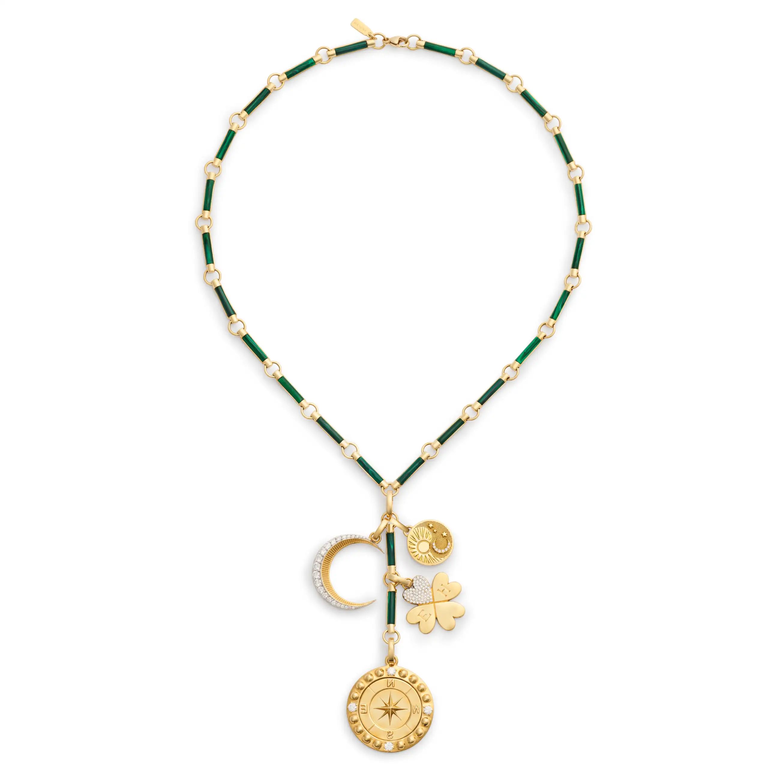 Personalized - Internal Compass | Engravable Four Heart Clover and Crescent Element Extension Necklace | Diamonds, Malachite, Yellow Gold - Image 2