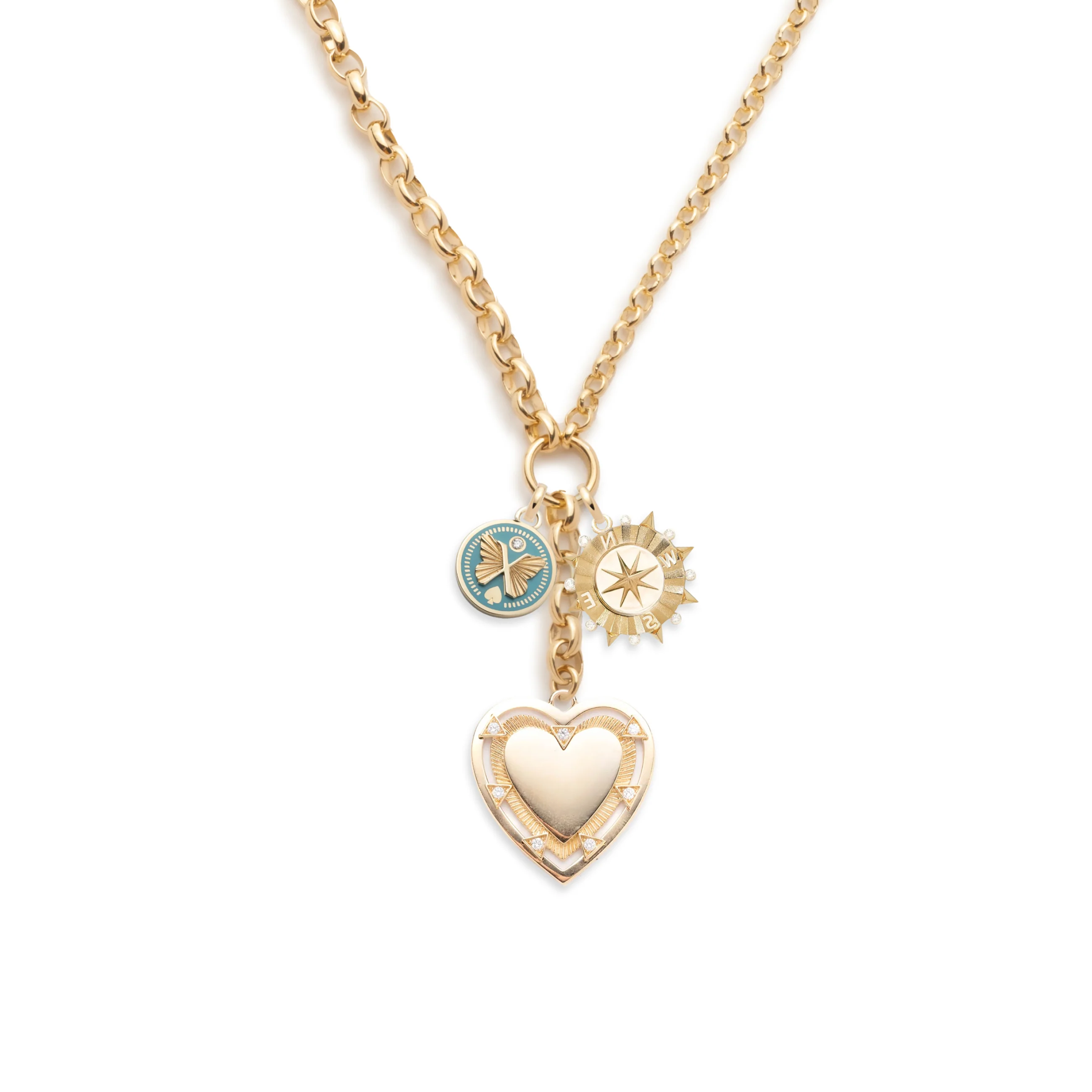 Personalized - True Love | Engravable Heart and Butterfly Heavy Mixed Belcher Extension Necklace | Diamonds, Aqua Ceramic, Yellow Gold