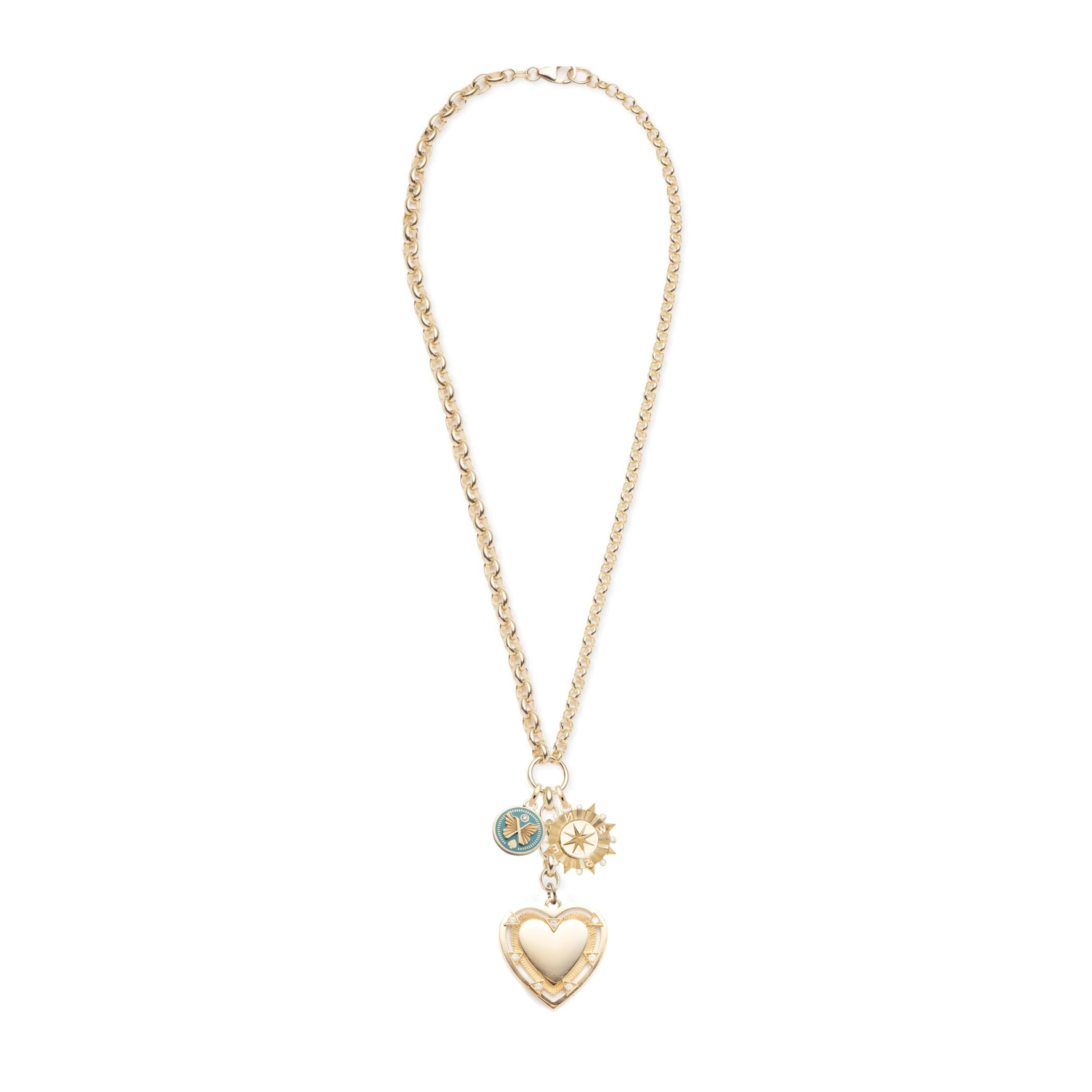Personalized - True Love | Engravable Heart and Butterfly Heavy Mixed Belcher Extension Necklace | Diamonds, Aqua Ceramic, Yellow Gold - Image 2