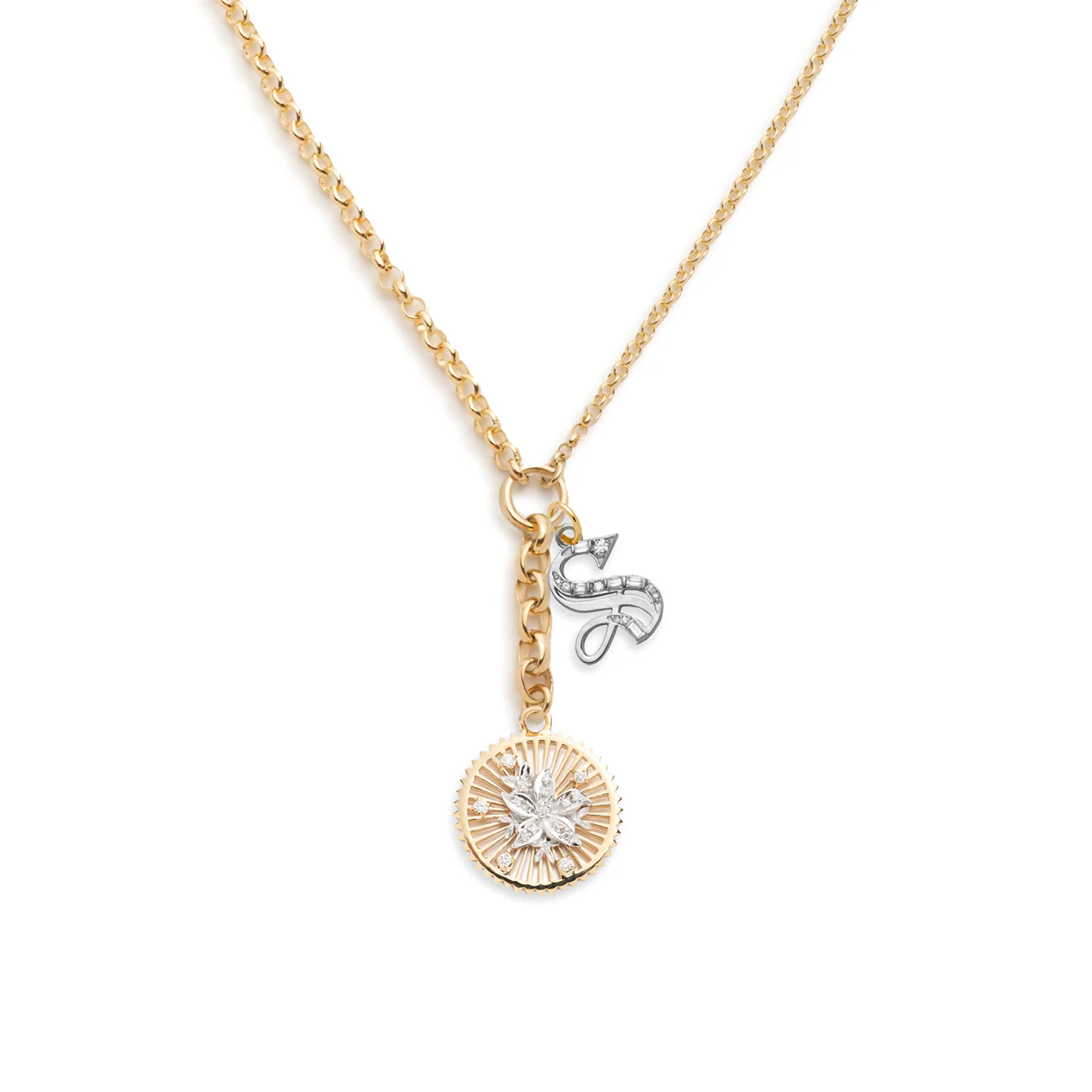 Personalized - Resilience | Blossoms and Initial Medium Mixed Belcher Extension Necklace | Diamonds, Mixed Gold