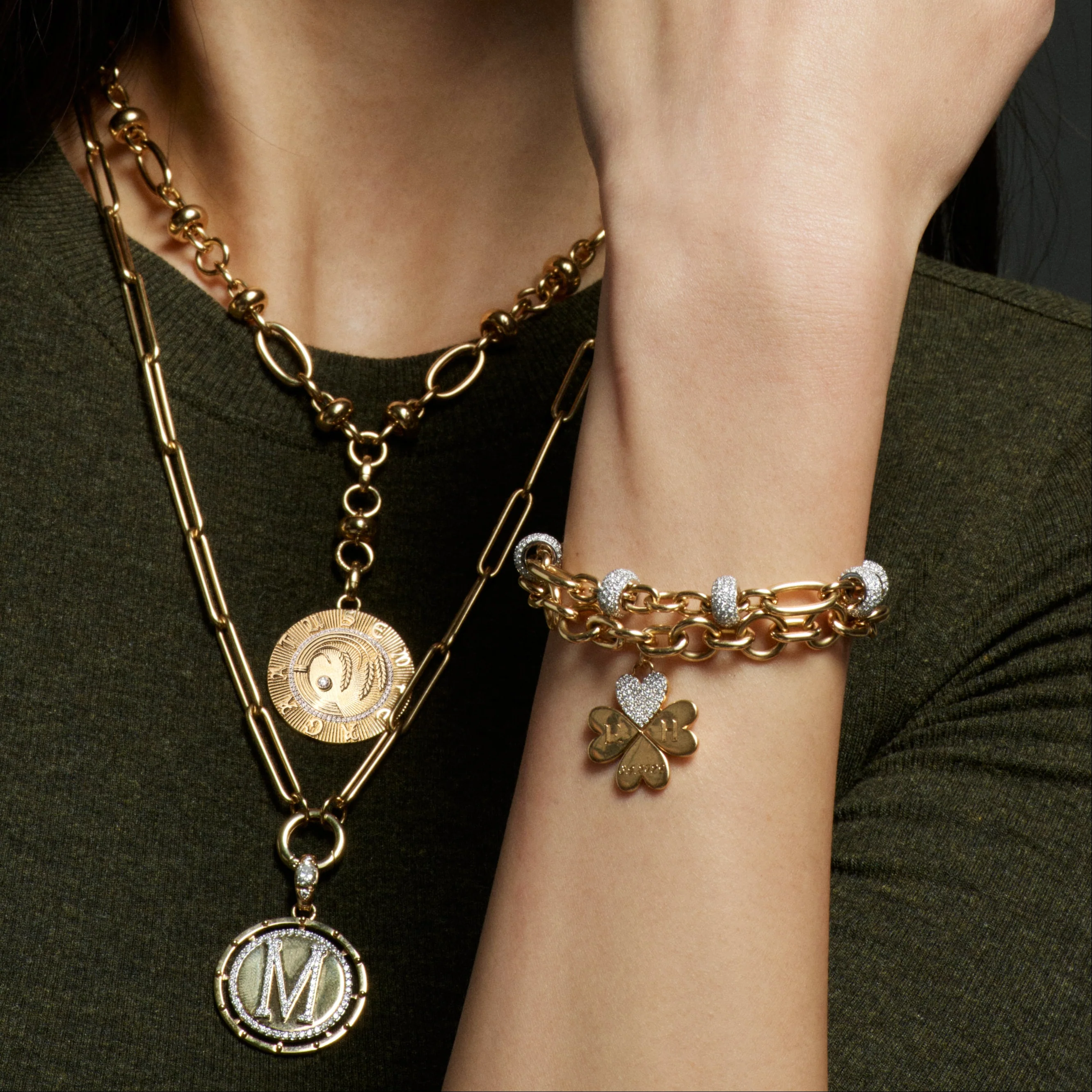 Personalized - True Love | Engravable Pavé Four Heart Clover Medium Pendant | Diamonds, Yellow Gold - Image 3