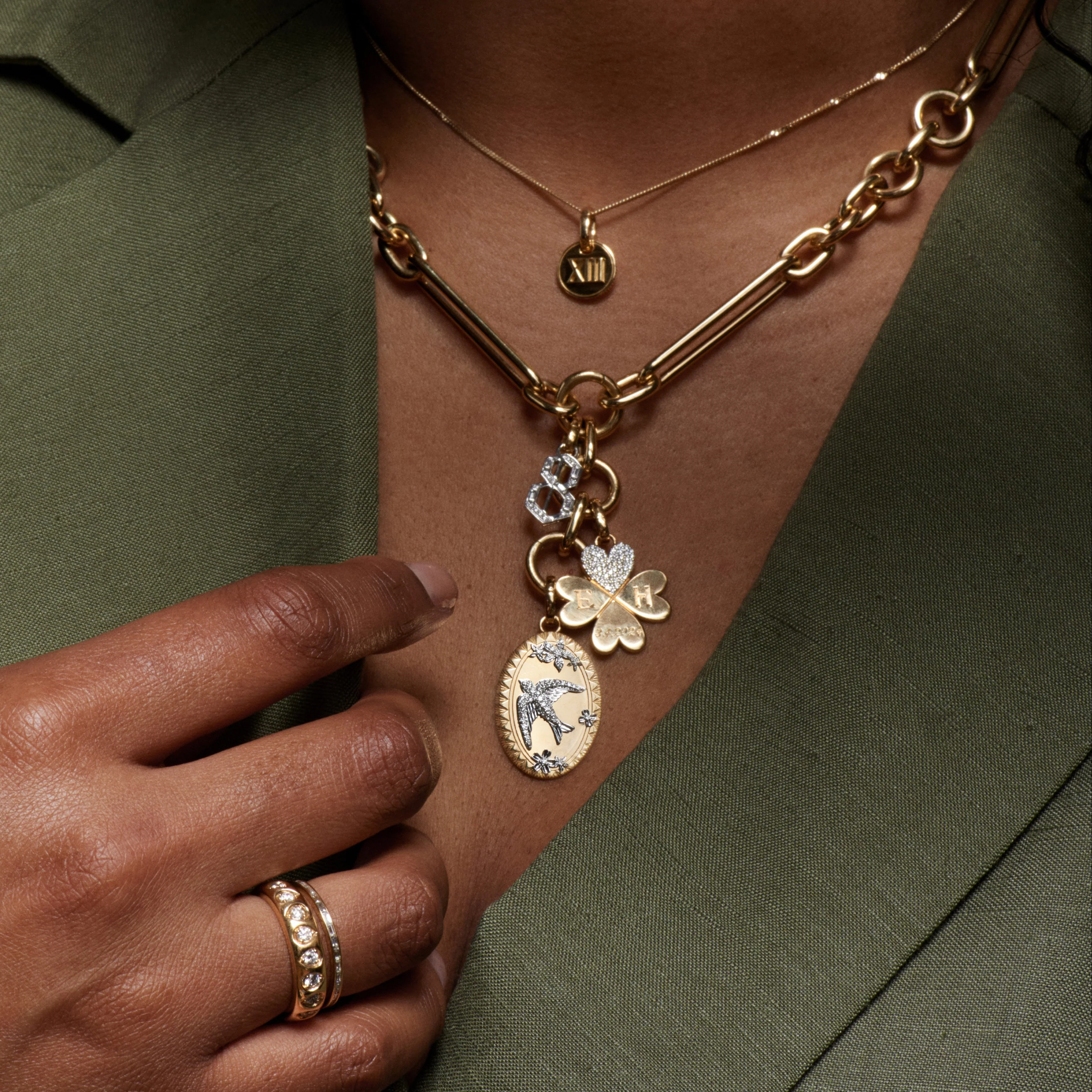 Personalized - True Love | Engravable Pavé Four Heart Clover Medium Pendant | Diamonds, Yellow Gold - Image 4
