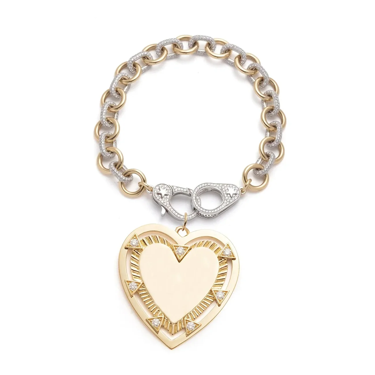 True Love - Personalized | Engravable Heart Pavé Midsized Mixed Link Bracelet with Sister Hooks | Diamonds, Mixed Gold