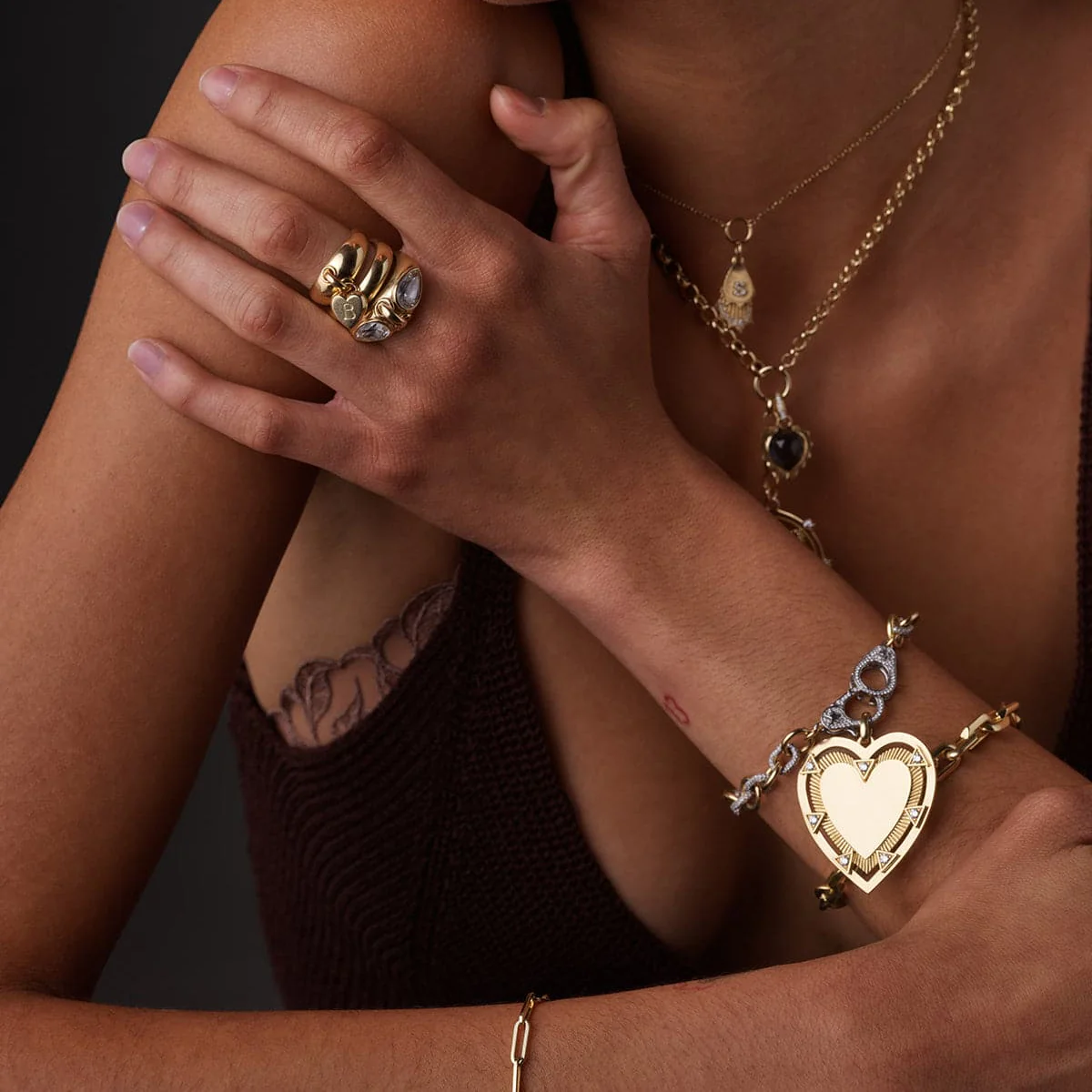 True Love - Personalized | Engravable Heart Pavé Midsized Mixed Link Bracelet with Sister Hooks | Diamonds, Mixed Gold - Image 2