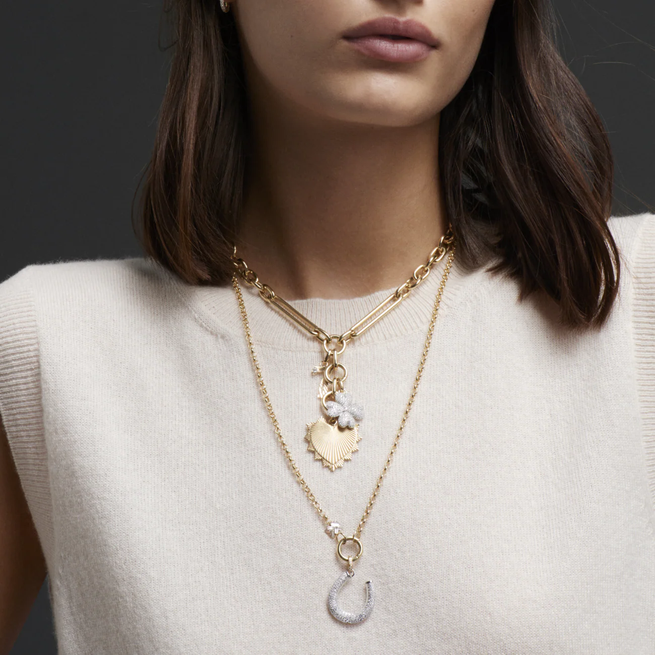 Protection - True Love | Snow Pavé Horseshoe and Chevron Heart Beat Medium Belcher Open Chain | Diamonds, Mixed Gold - Image 2