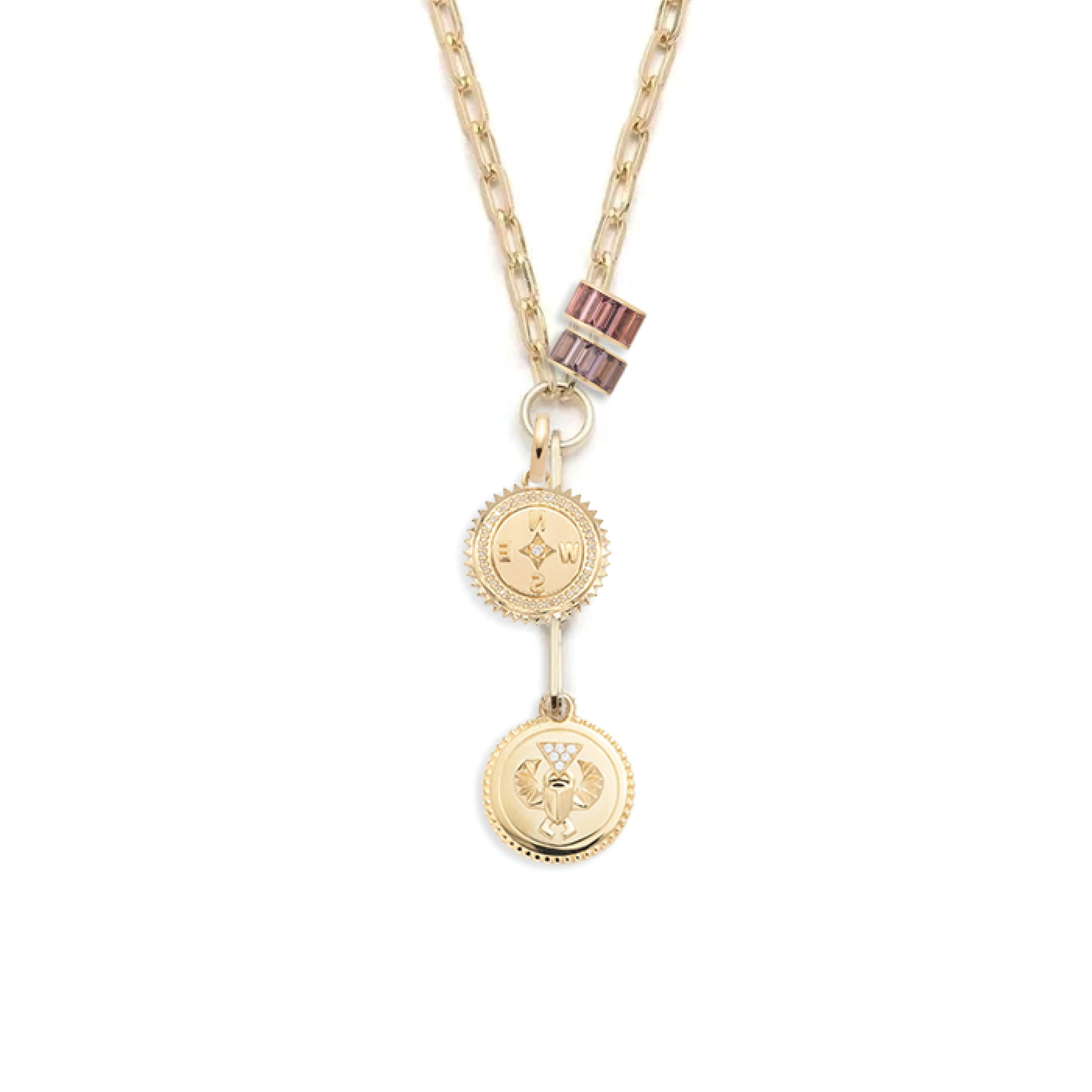 Strength - Internal Compass | Baguette Heart Beats Small Clip Necklace | Diamonds, Pink Tourmaline, Violet Spinel, Yellow Gold