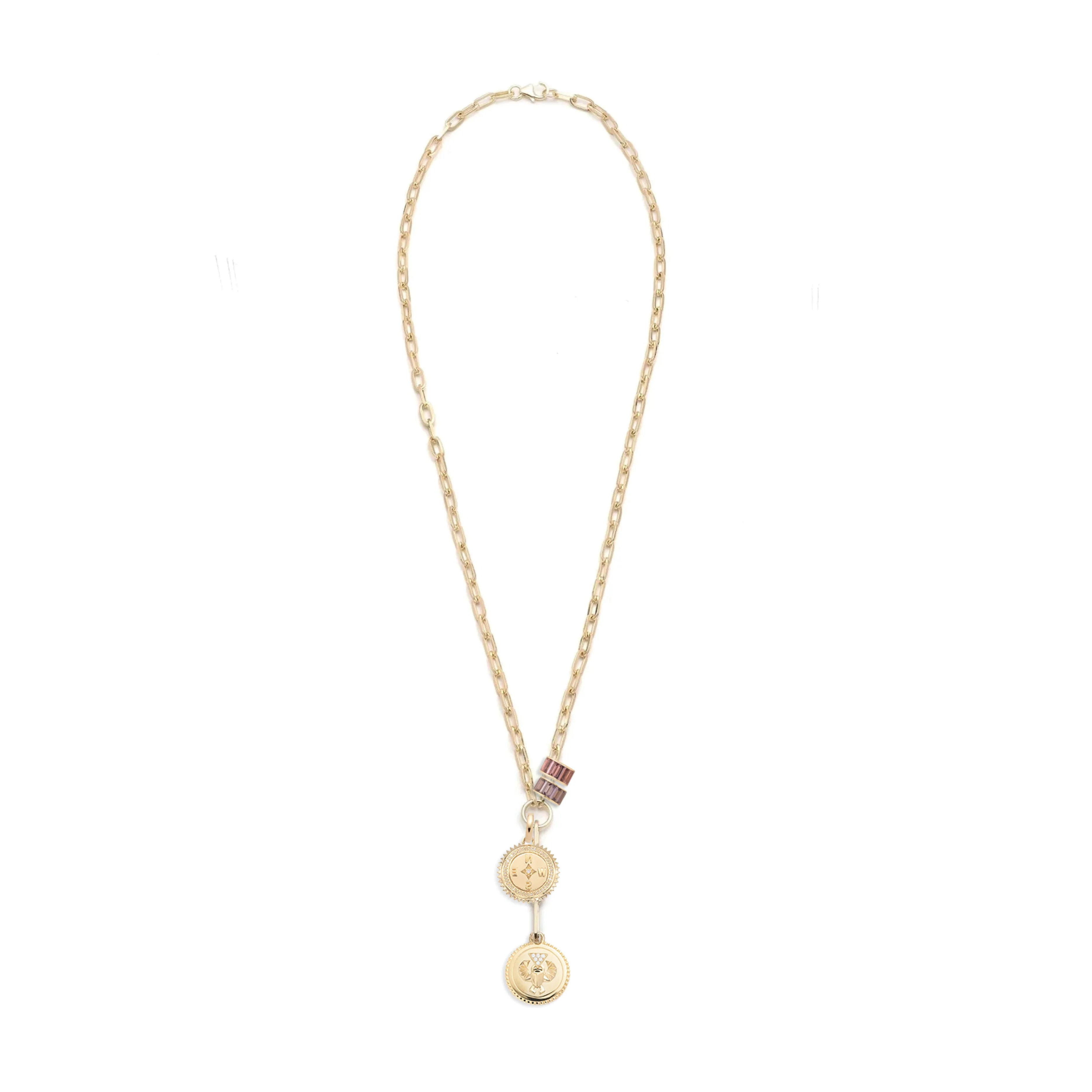 Strength - Internal Compass | Baguette Heart Beats Small Clip Necklace | Diamonds, Pink Tourmaline, Violet Spinel, Yellow Gold - Image 2
