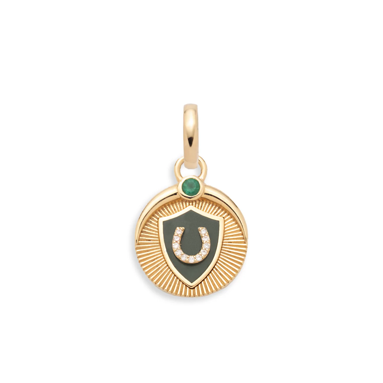 Protection | Ceramic Horseshoe Baby Medallion | Olive Ceramic, Diamonds, Emerald, Yellow Gold