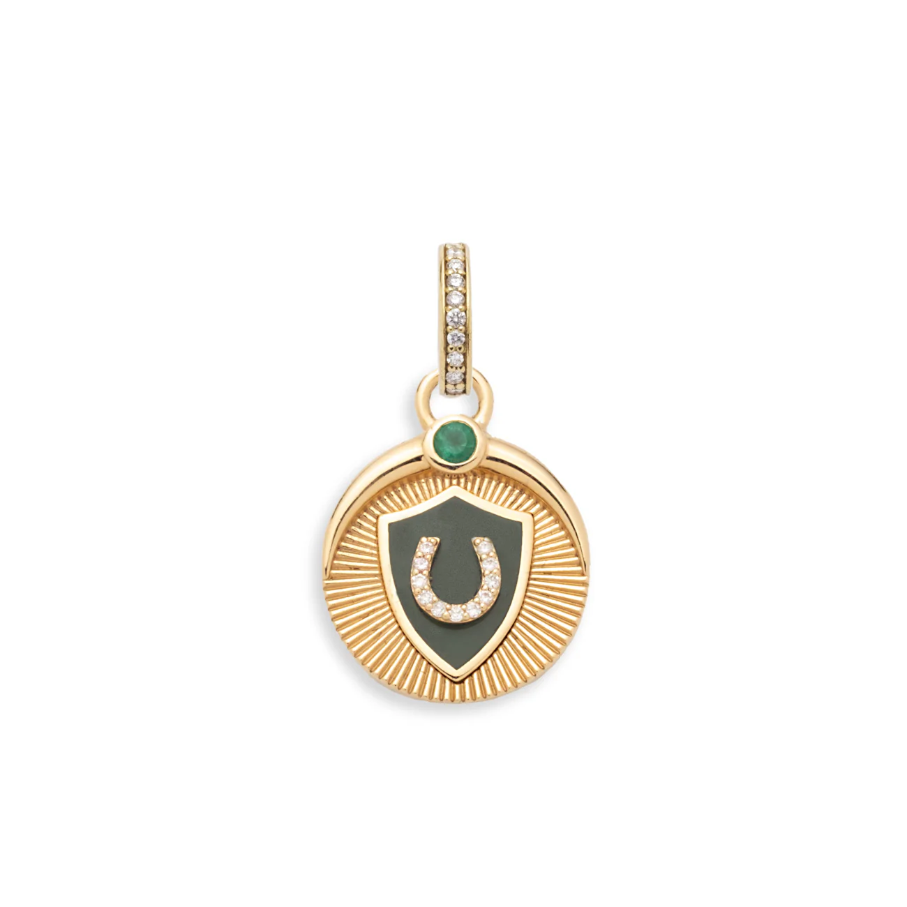 Protection | Ceramic Horseshoe Baby Medallion | Olive Ceramic, Diamonds, Emerald, Yellow Gold - Image 2