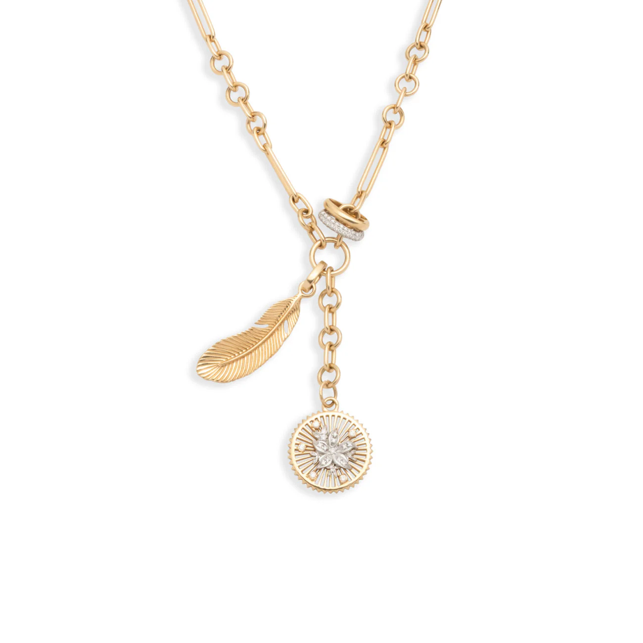 Resilience - Vivacity | Blossoms and Feather Small Mixed Clip Extension Necklace | Diamonds, Mixed Gold