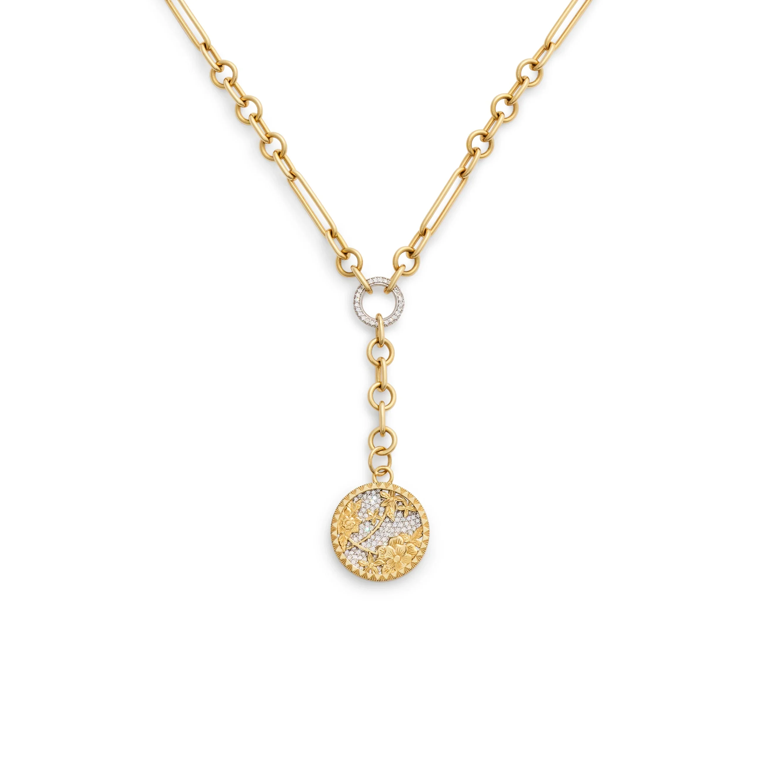 Resilience | Pavé Floral Screen Small Mixed Clip Extension Necklace | Diamonds, Yellow Gold