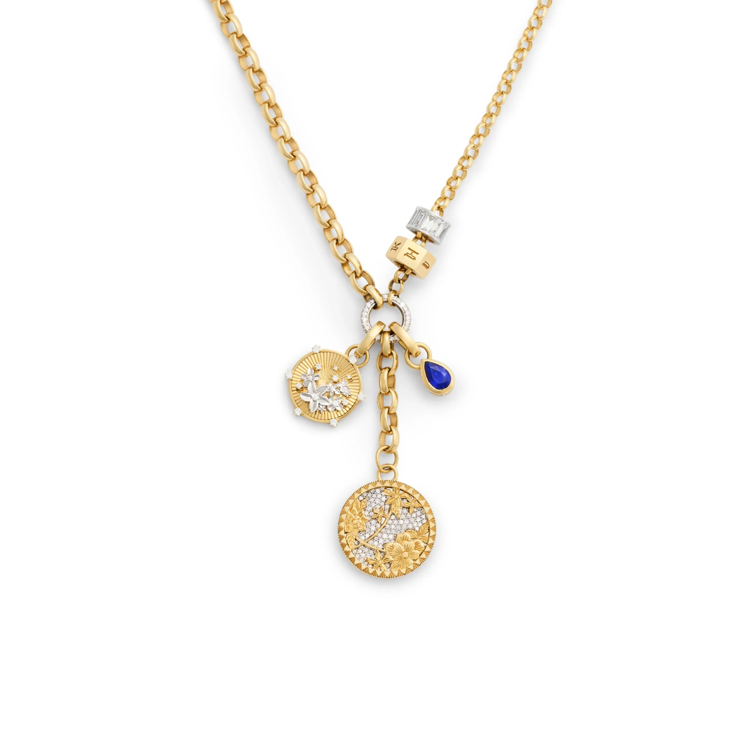Personalized - Resilience | Pavé Floral Screen and Custom Heart Beat Heavy Mixed Belcher Extension Necklace | Diamonds, Blue Sapphire, Mixed Gold
