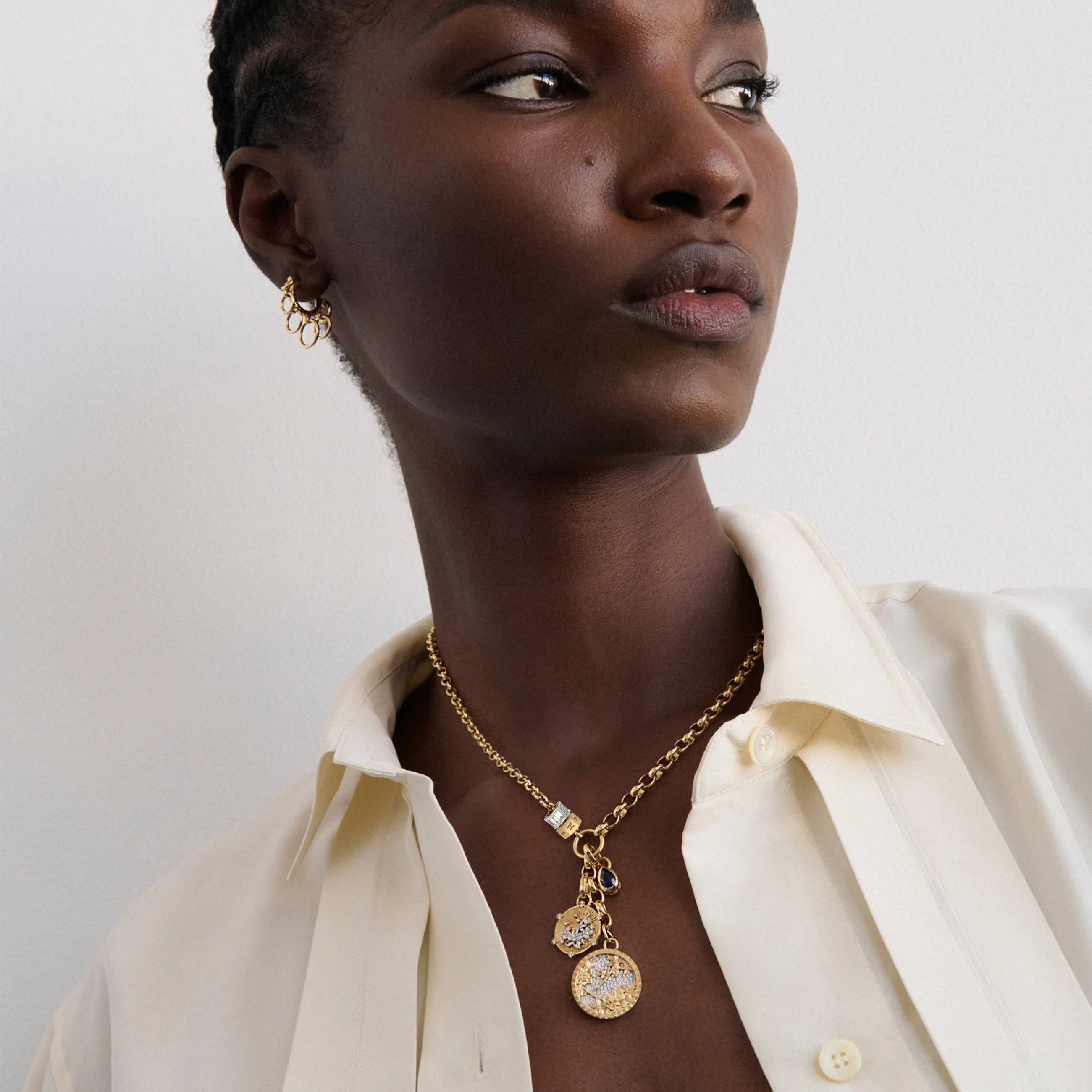 Personalized - Resilience | Pavé Floral Screen and Custom Heart Beat Heavy Mixed Belcher Extension Necklace | Diamonds, Blue Sapphire, Mixed Gold - Image 2