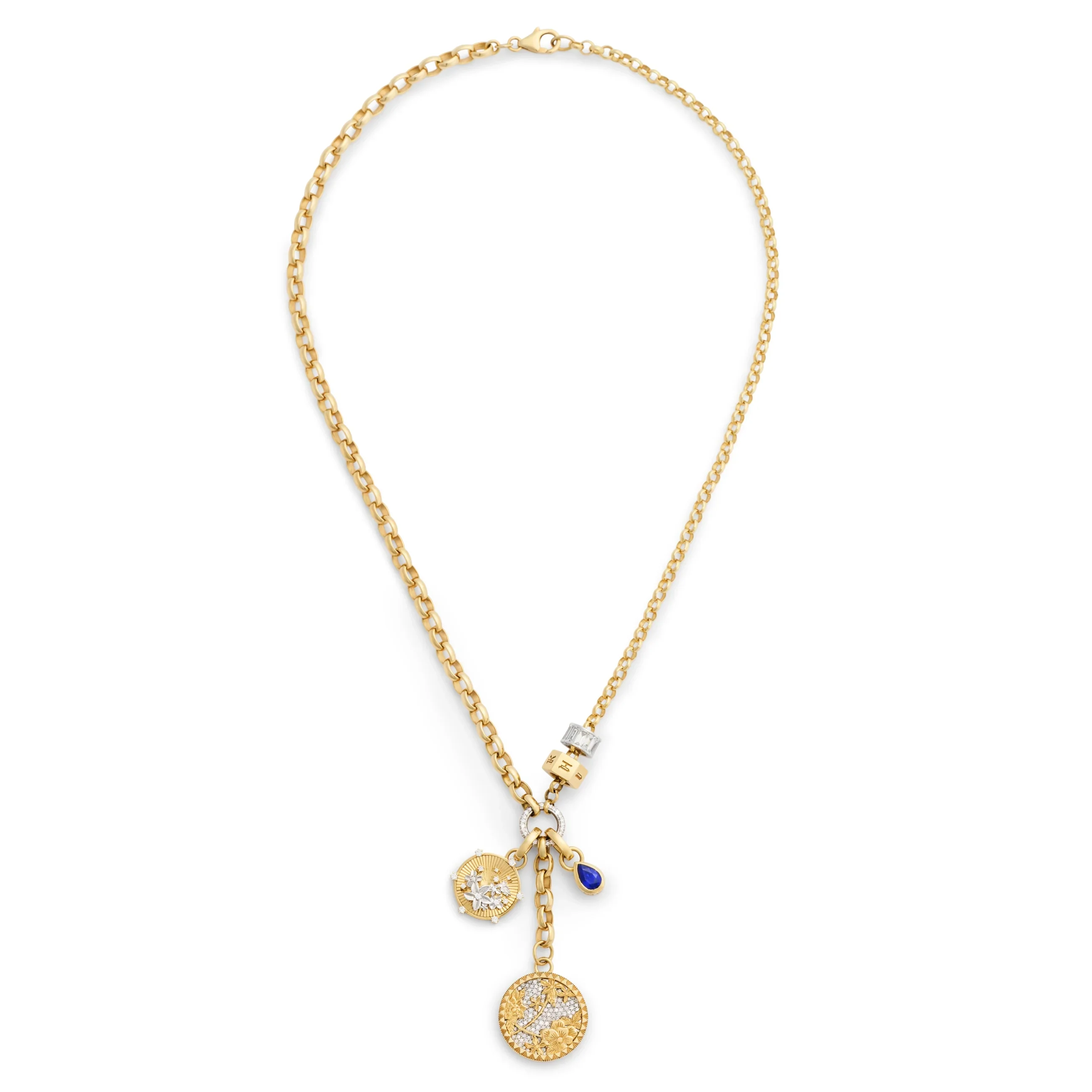 Personalized - Resilience | Pavé Floral Screen and Custom Heart Beat Heavy Mixed Belcher Extension Necklace | Diamonds, Blue Sapphire, Mixed Gold - Image 3
