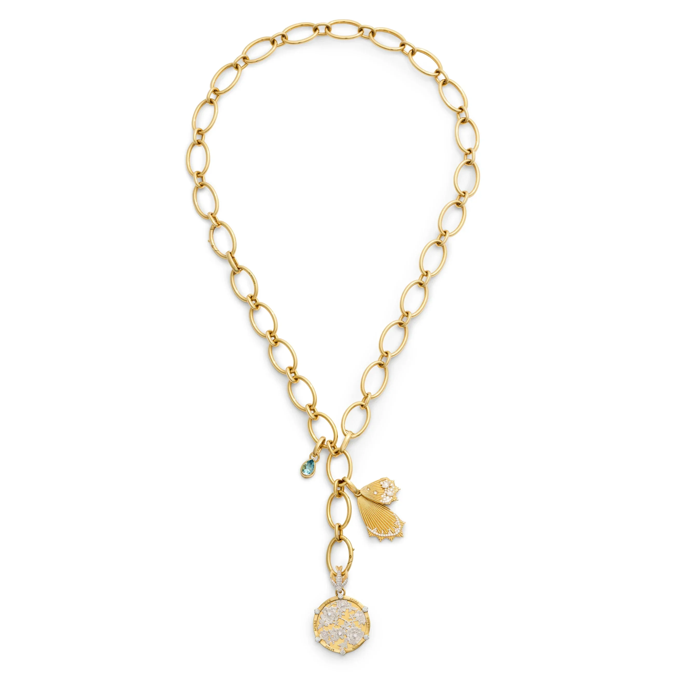 Resilience - Reverie | Floral Screen and Encrusted Butterfly Wings Oval Link Necklace | Diamonds, Aquamarine, Mixed Gold - Image 3
