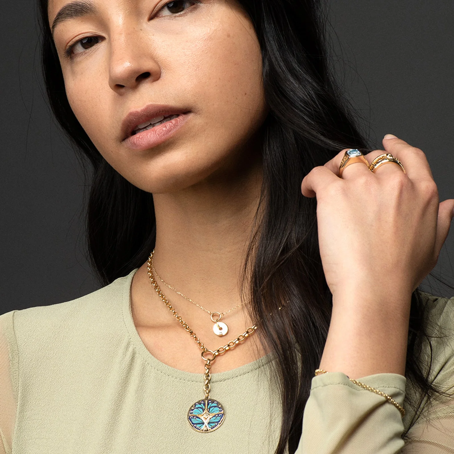 Reverie | Ceramic Butterfly Heavy Mixed Belcher Extension Necklace | Diamonds, Blue Ceramic, Yellow Gold - Image 2