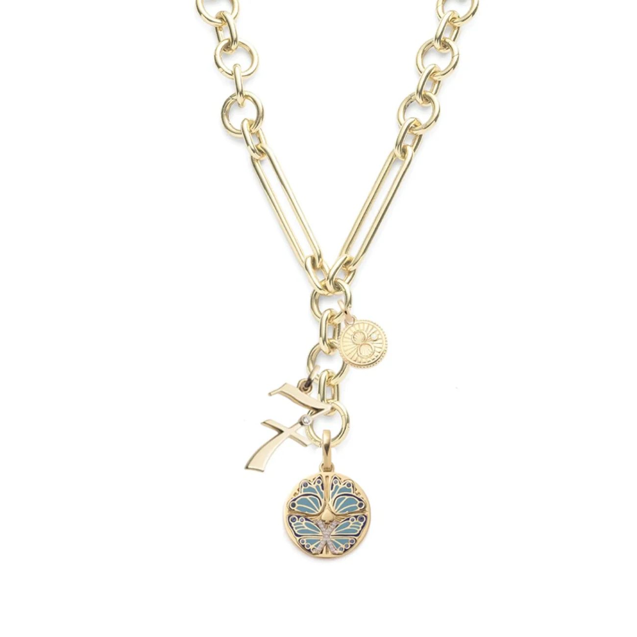 Personalized - Reverie | Butterfly and Engravable Number Oversized Mixed Clip Necklace | Diamonds, Blue Ceramic, Yellow Gold