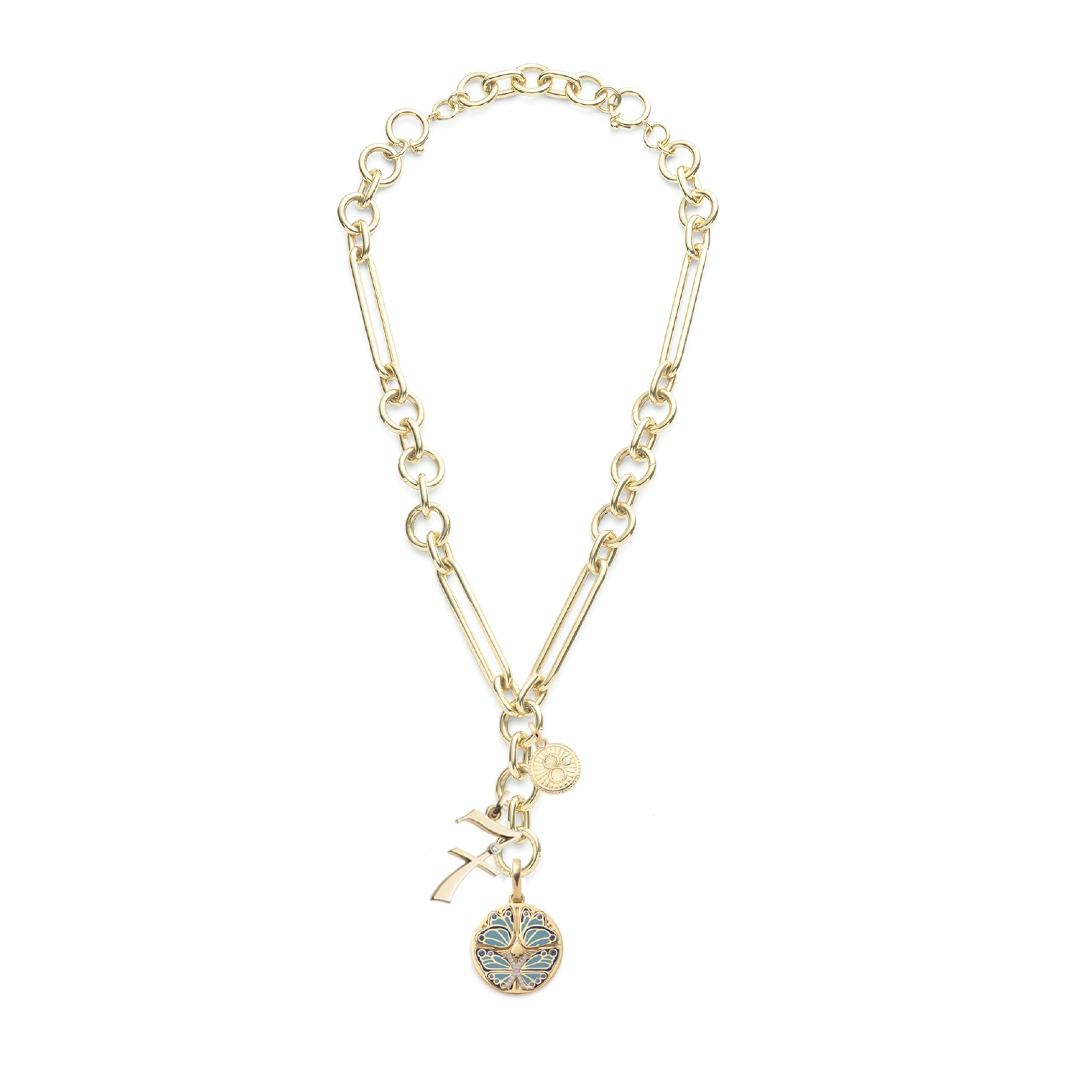 Personalized - Reverie | Butterfly and Engravable Number Oversized Mixed Clip Necklace | Diamonds, Blue Ceramic, Yellow Gold - Image 2