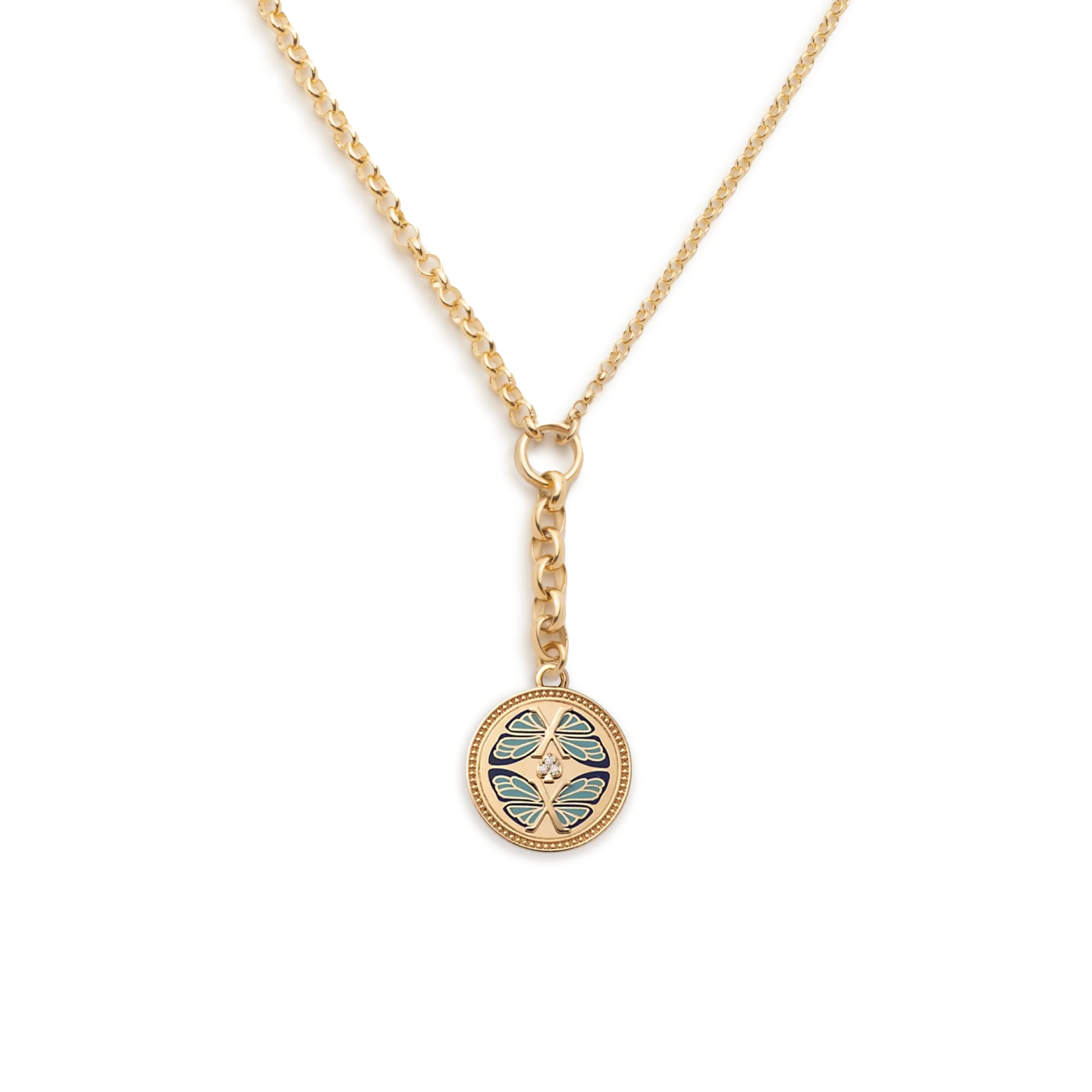 Reverie | Ceramic Butterfly Medium Mixed Belcher Extension Necklace | Blue Ceramic Diamonds, Yellow Gold