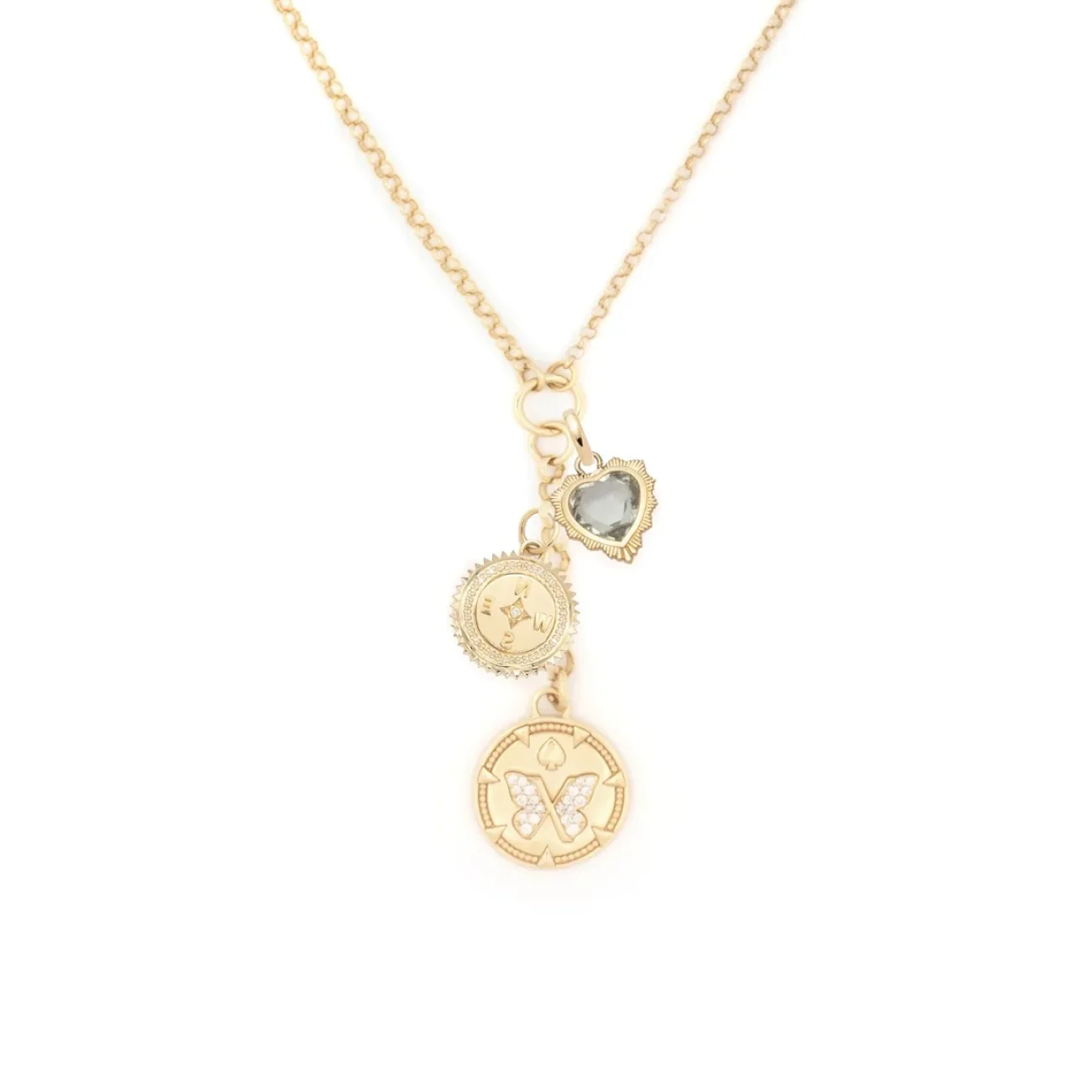 Reverie - Internal Compass | Butterfly and Gemstone Heart Small Mixed Belcher Extension Necklace | Diamonds, Green Prasiolite, Yellow Gold